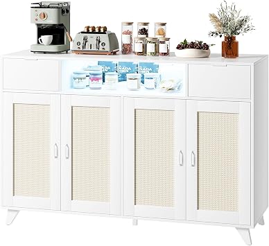 Rattan Sideboard Buffet Cabinet with Power Outlet & LED Lights 4 Door Accent Storage Cabinet, 2 Drawers Console Table with Adjustable Shelves, Modern Coffee Bar for Living Room, Dining Room, White