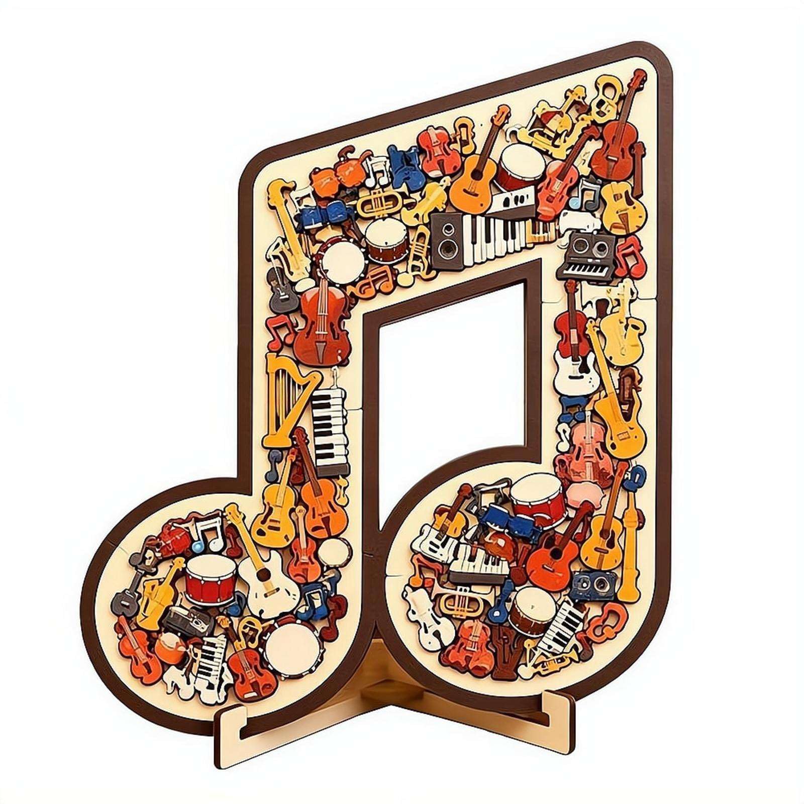 3D Music Note Wooden Puzzle Decor, Musical Note Instrument Jigsaw Puzzle Ornament with Stand Tabletop Art Decor for Lovers Creative Gift for Birthday Christmas Home Office Music Studio