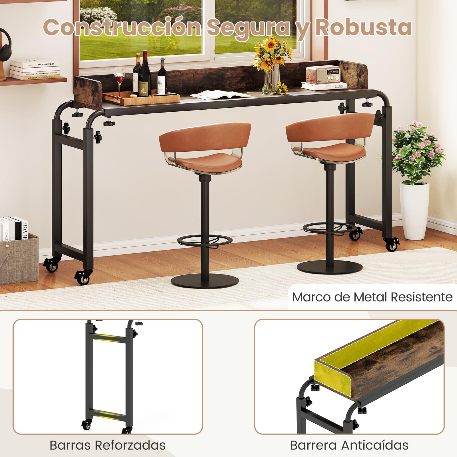 GIANTEX Mesa de Sobrecama con 4 Ruedas, Escritorio Auxiliar con Altura y Ancho Ajustables, Tablero con Borde Anticaído, Estilo Industrial, Mesa Bandeja para Dormitorio, Salón