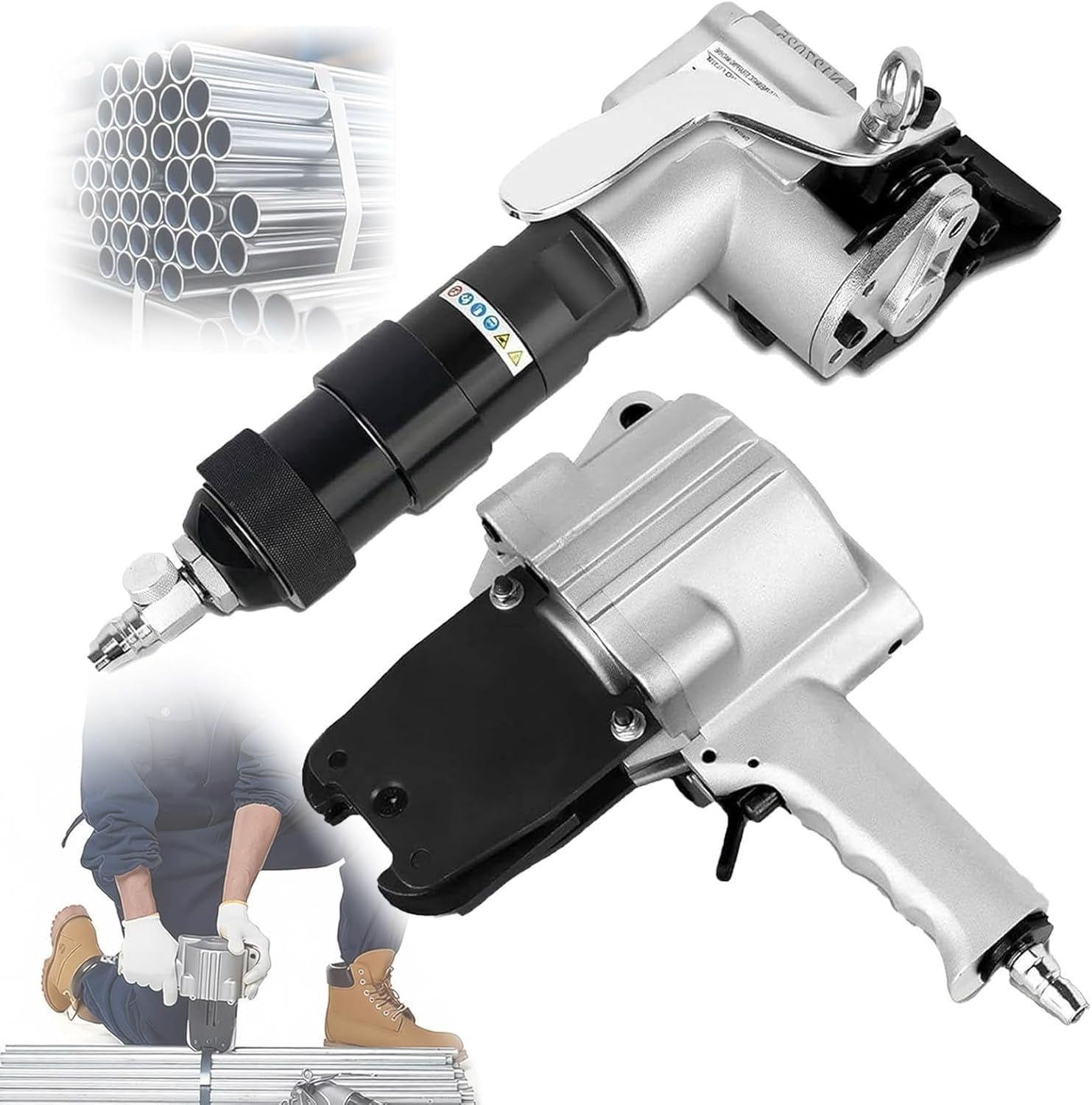 Hrxllb 9Mm/0.75In Handheld Pneumatic Strapping Kit, Split Layout Metal Belt Sealer, 8500N Tension 1500N Bearing Force, Applicable For Rebar, Crates And Logistics Cargo Fixing()