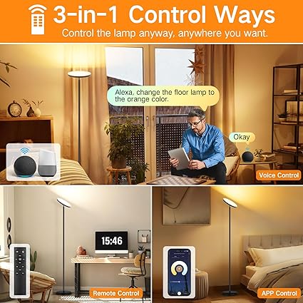 OUTON OUTON Smart Led-vloerlamp, 30 W, 3000 lm, wifi, dimbaar, staande lamp, compatibel met Alexa en Google Assistant, app-bediening, afstandsbediening, plafondschijnwerper voor woonkamer, slaapkamer, photo 2