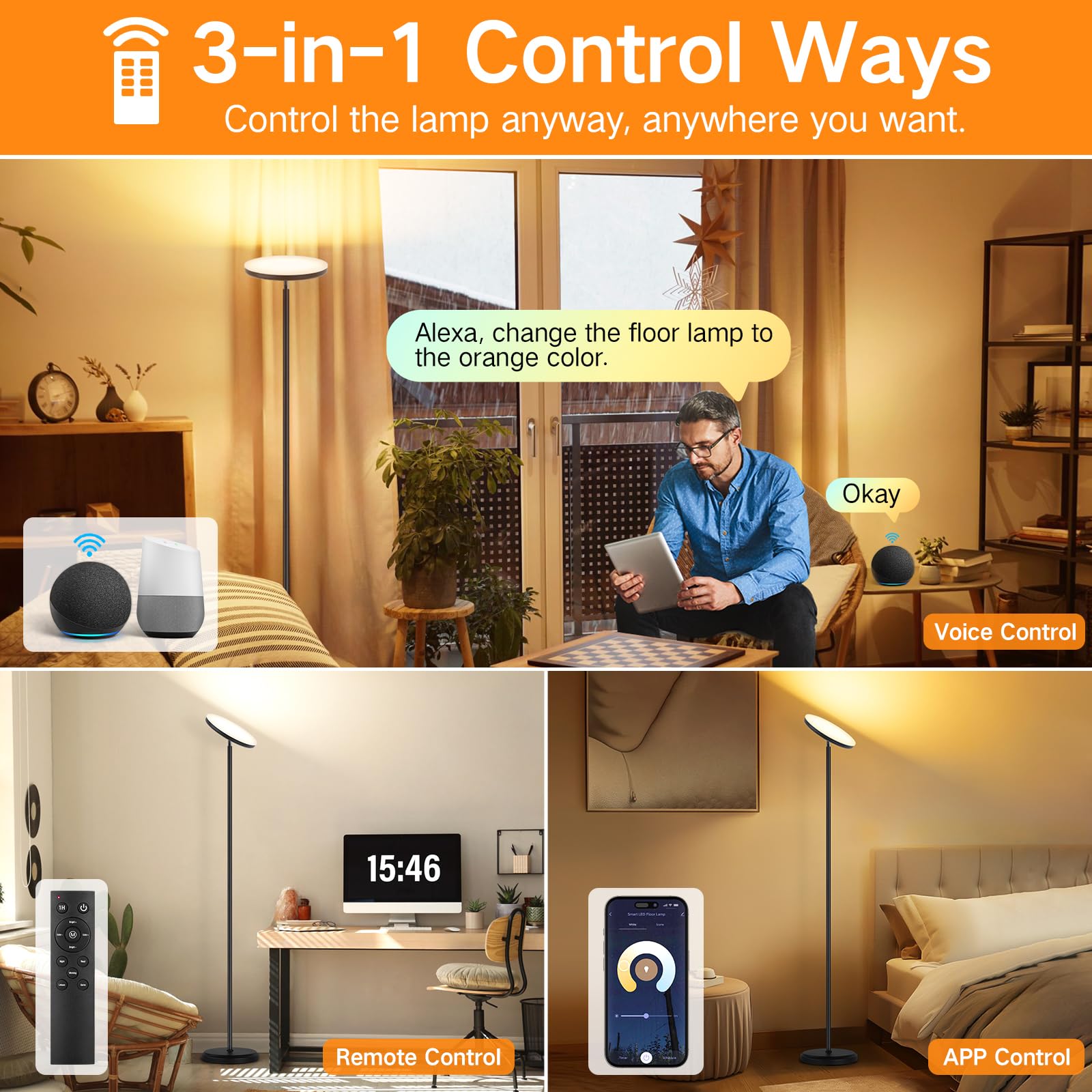 OUTON Lámpara de Pie LED Funciona con Alexa, Google Assistant, Regulable y Moderna, 30W Súper Brillante, 180CM, Función de Temporización de Memoria, Control Remoto y APP,Para Sala de Estar Negro Chido