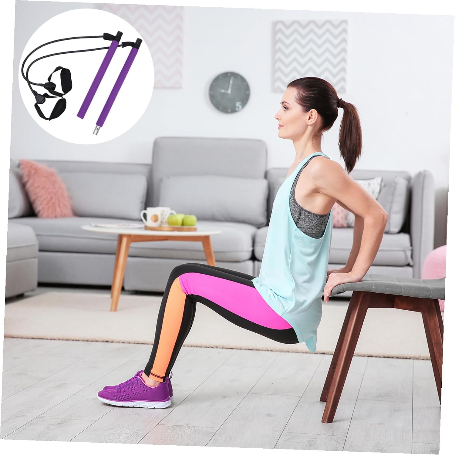 KICHOUSE Adjustable Portable Yoga Bar with Foot Strap Purple Fitness Equipment for Home Workouts for Strength Training Shaping for Men and Women