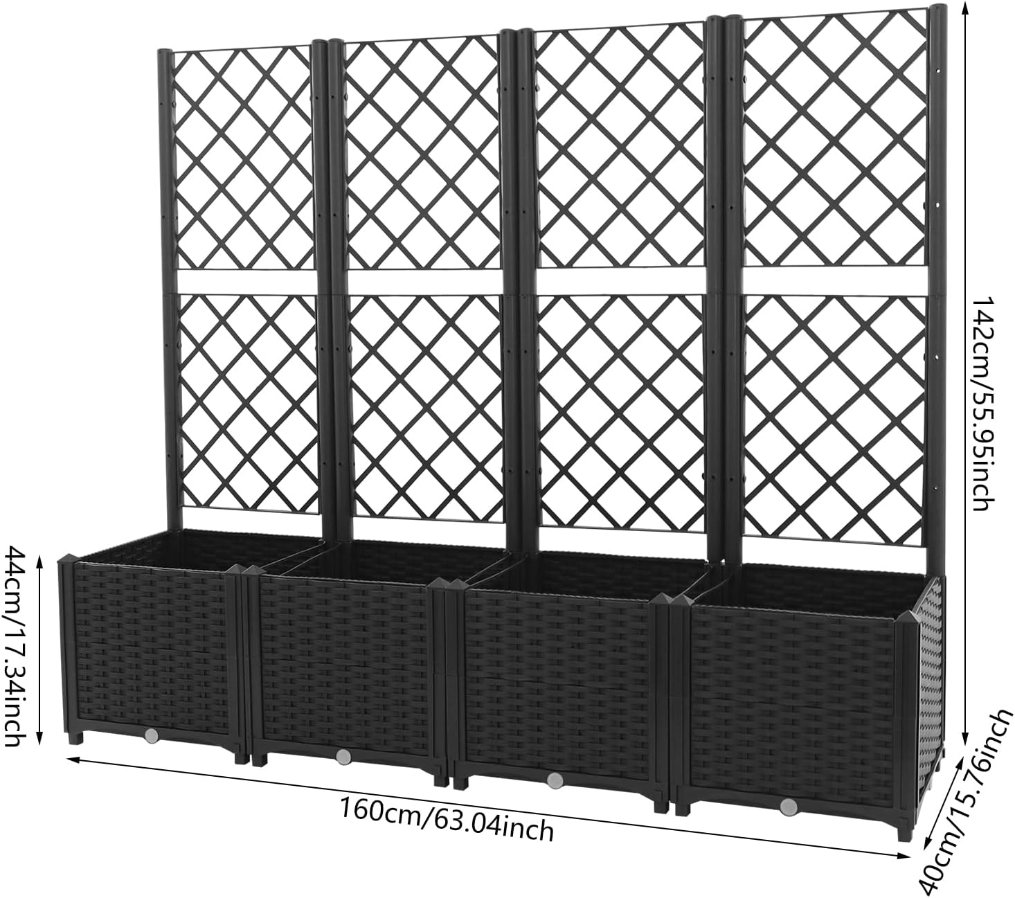 4 Pack Raised Garden Bed with Trellis, 63" W x 56" Tall Plastic Planter Box for Climbing Plants, Outdoor Vertical Garden with Privacy Screen for Patio, Balcony, Backyard (Dark Black)