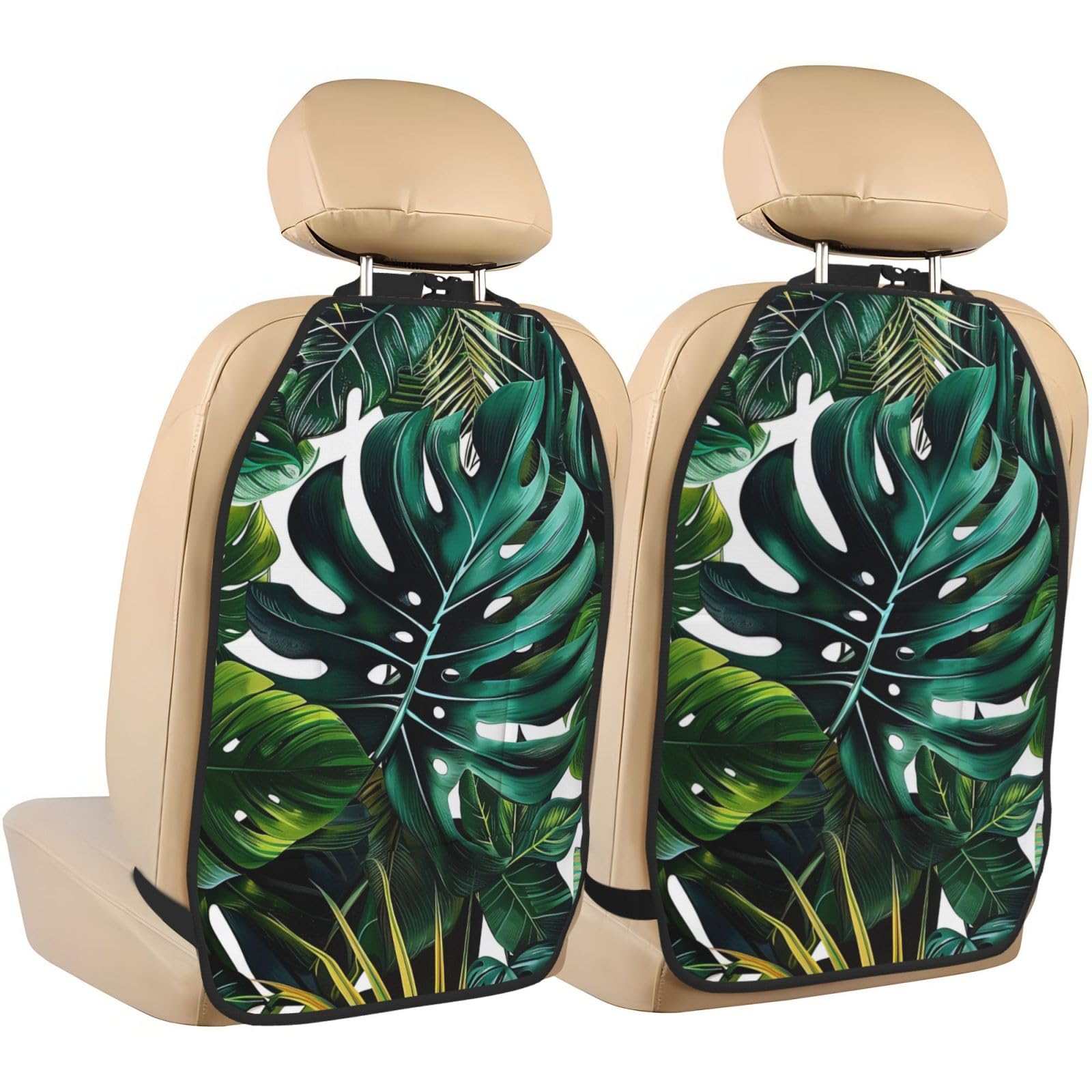 JTNWEC tropical leaves Print Car Seat Kick Mats with Organisers 2 Pack Backseat Protector Seat Covers for Your Car, SUV, or Truck