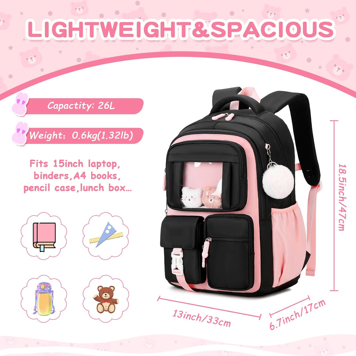 Kids Backpack for Girls School Bags for Middle School Students Book Bag for Elementary Primary Kawaii Ita Backpack, Black and Pink - Image 2