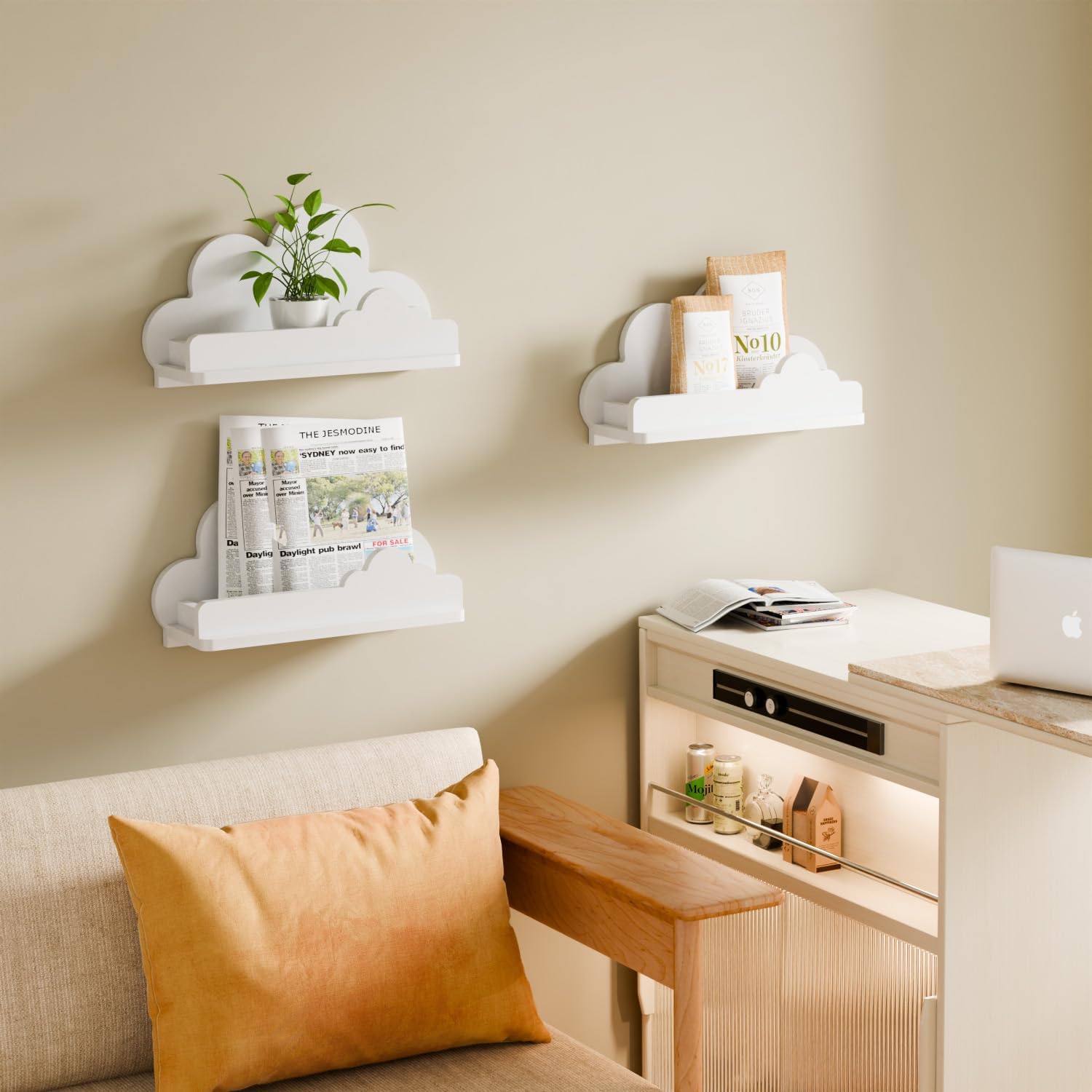 Cloud Shelves for Kid’s Room Nursery Wall Deor Set of 3, White Cloud Bookshelf Floating Shelf, Small Figure Shelf Wall Mounted, Cute Decorative Cloud Floating Shelf for Toys, Plants & Storage