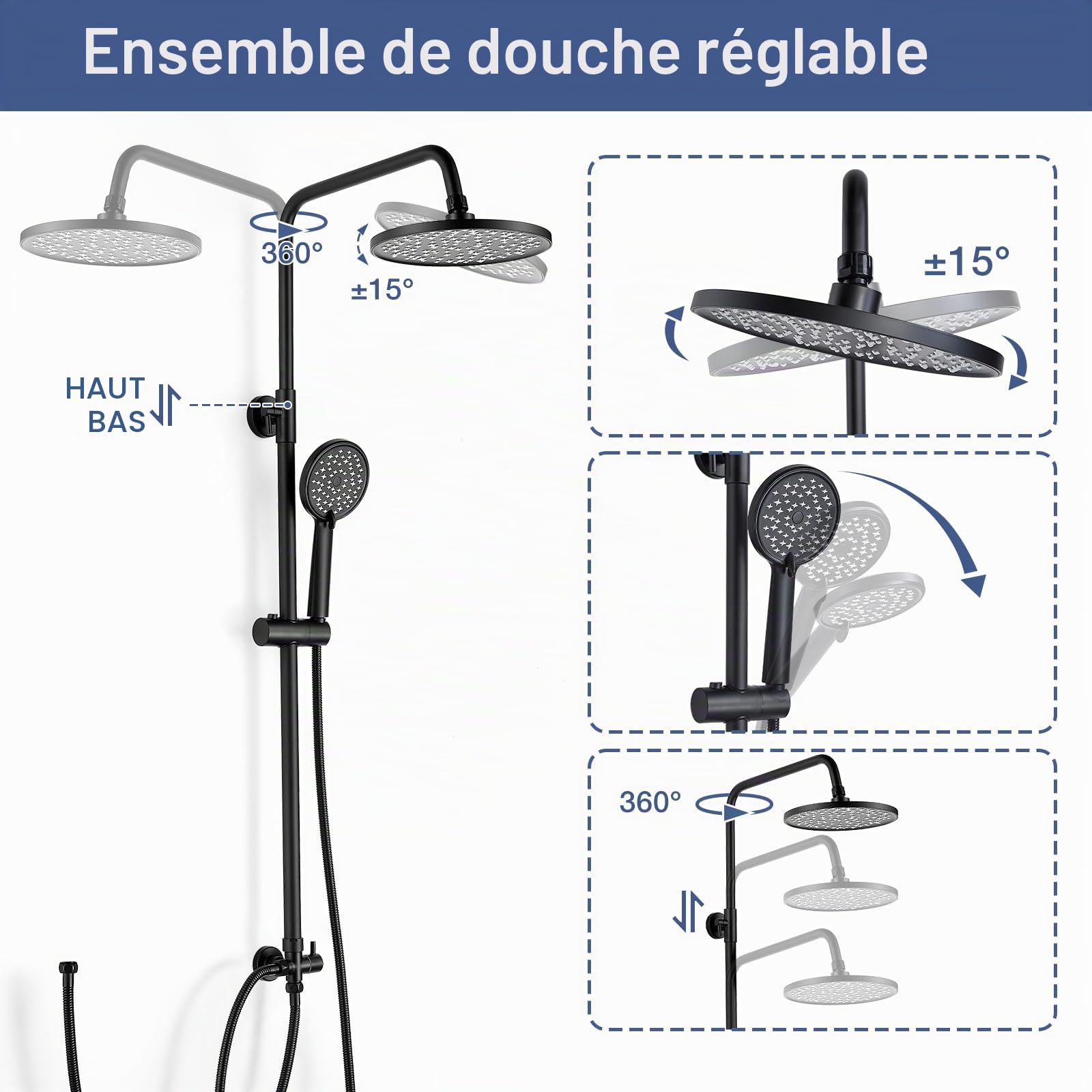 Colonne de Douche sans Mitigeur, Bevankly Noir Ensemble de Douche en Acier Inoxydable pour Baignoire Système de Douche Réglable en Hauteur pour Salle de Bain Pommeau Douche 21x21cm, Noir