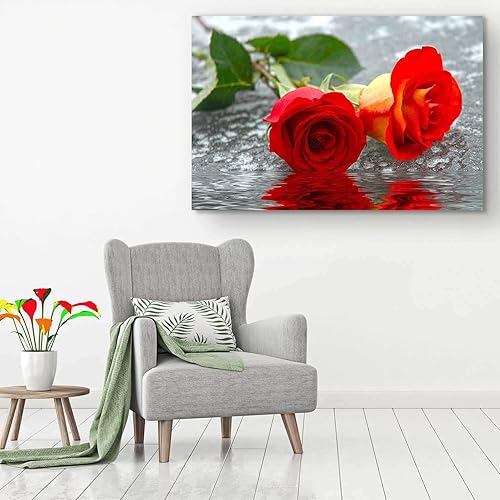 Miniatura 4 de Startonight Lienzo decorativo para pared, diseño de rosas en el agua, flores rojas grandes para sala de estar, enmarcado, 32 x 48 pulgadas
