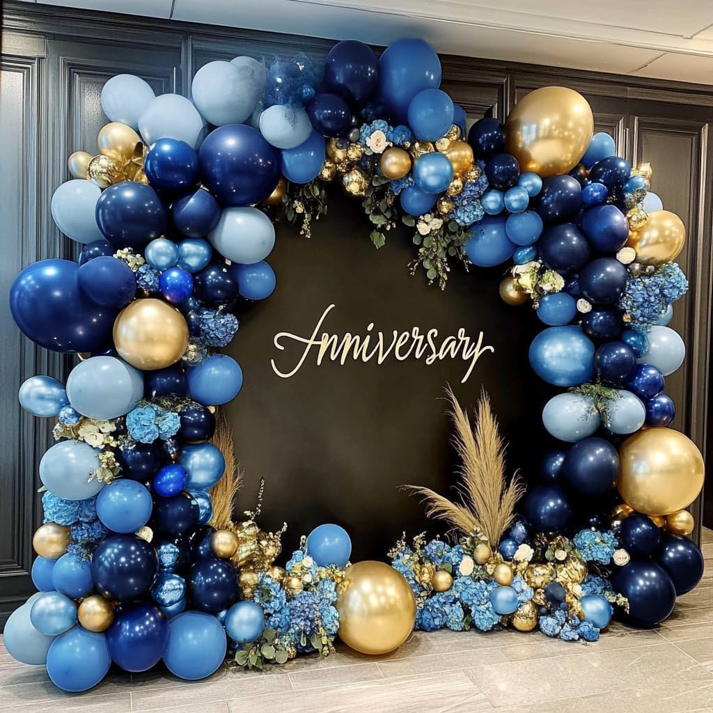 Navy Blue Gold Balloon Arch Kit - Double Stuffed Royal Dusty Blue Gold Balloon Garland Latex Pastel Dark Different Sizes for Graduation Birthday