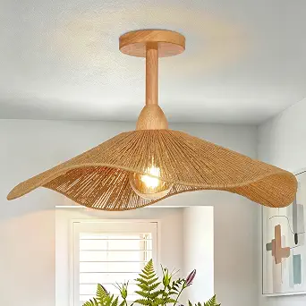 19.6-Inch Large Rattan Pendant Light Fixture, Rustic Coastal Wood Canopy Handmade Paper Rope Pendant Lighting for Kitchen Island, Farmhouse, Dining Room, Living Room, Nursery, Entryway