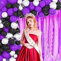 Vista 7 de Arco de globos morado, plateado metálico, negro, 121 globos morados y negros, globos cromados plateados para videojuegos, minero, cumpleaños