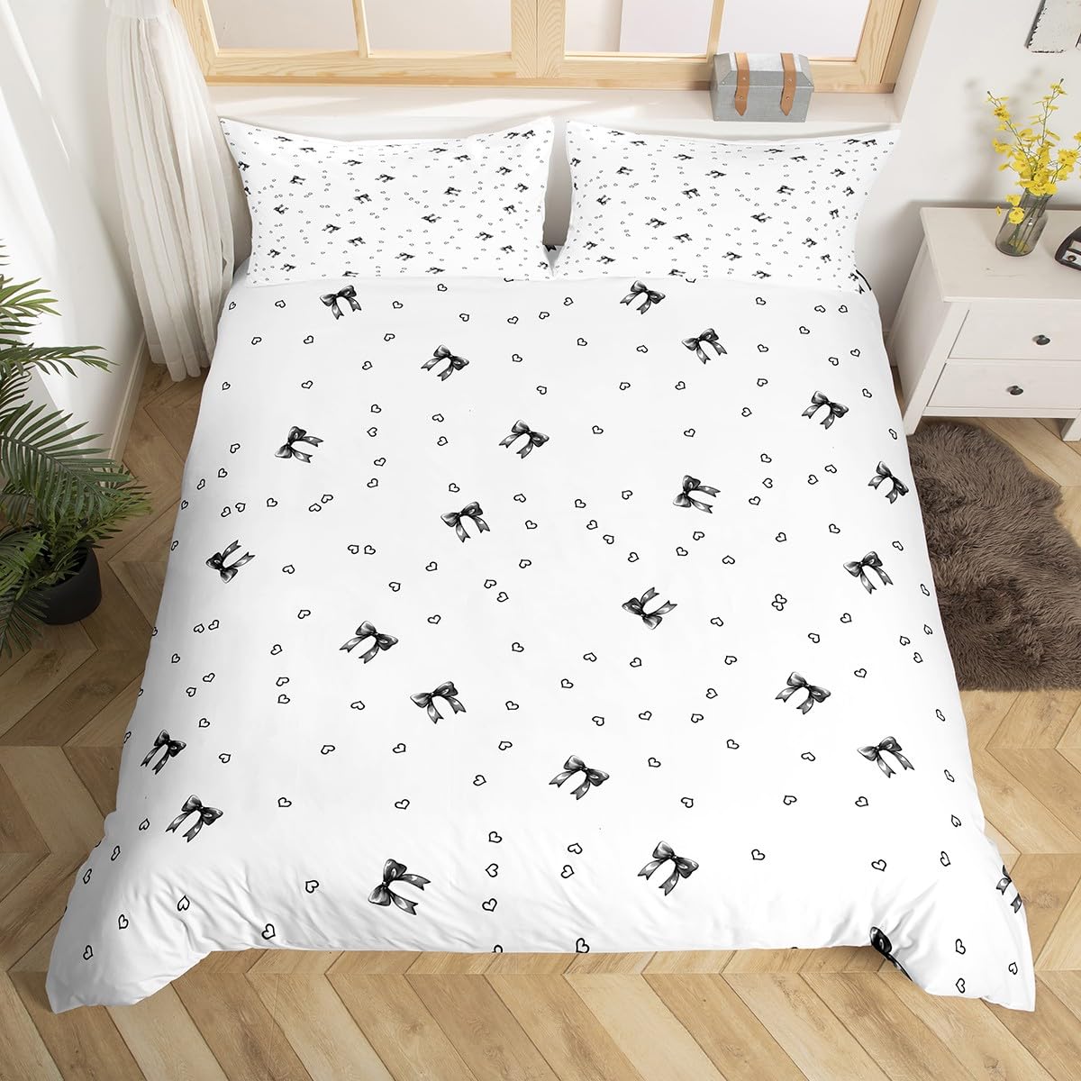 Homemissing Cute Coquette Bowknot Duvet Cover Set Single Size For Kids Teens Bow Bedding Set Bow Ribbon Duvet Cover with 1 Pillowcase Love Heart Bedding — image 1