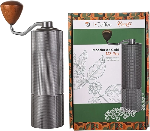 icoffee Moedor de café manual M3PRO com capacidade de 20 g com broca cônica de aço inoxidável CNC, ajuste interno ajustável, posicionamento de rolamento duplo, prensa francesa para presente de moedor manual