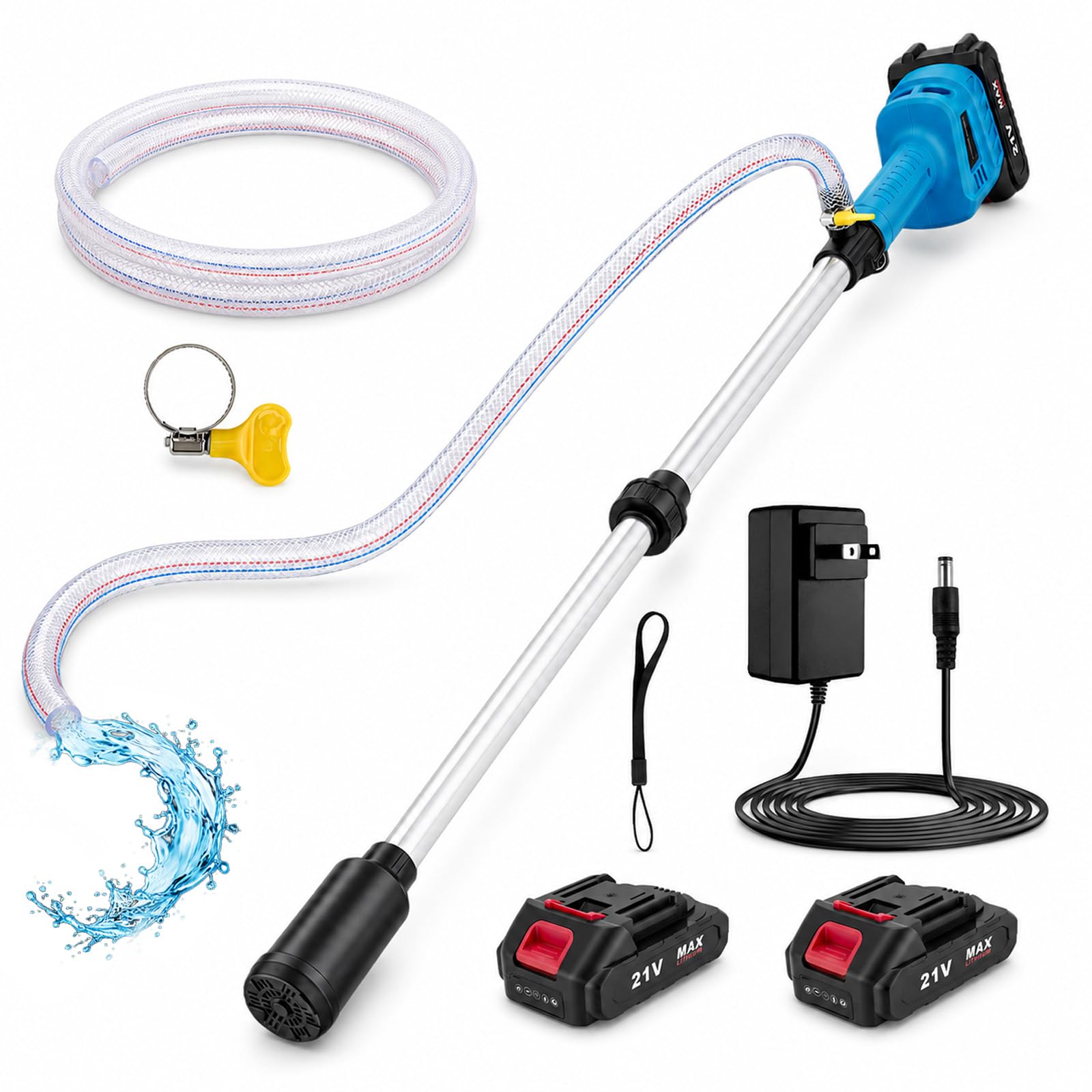 Akku Regenfasspumpe 21V mit 2×1500mAh Akku, Bürstenloser Motor, 2400 L/h, 3 m Förderhöhe, inkl. 1m Schlauch – kabellose Wasserpumpe für Garten, Regentonne, Wohnmobil, für Wasser & Dieselöl