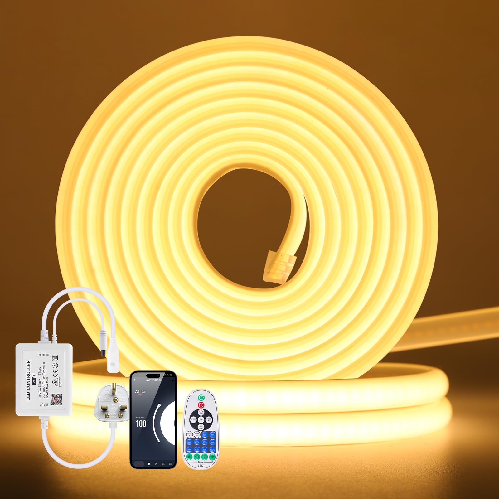 KISUFU Strip 220v COB 288 Led/m,Waterproof Double-Sided Glue IP65 Neon Strip Light LED Strip Light with COB WiFi Music 23 Keys IR 750w Dimmer for Indoor Outdoor Decoration