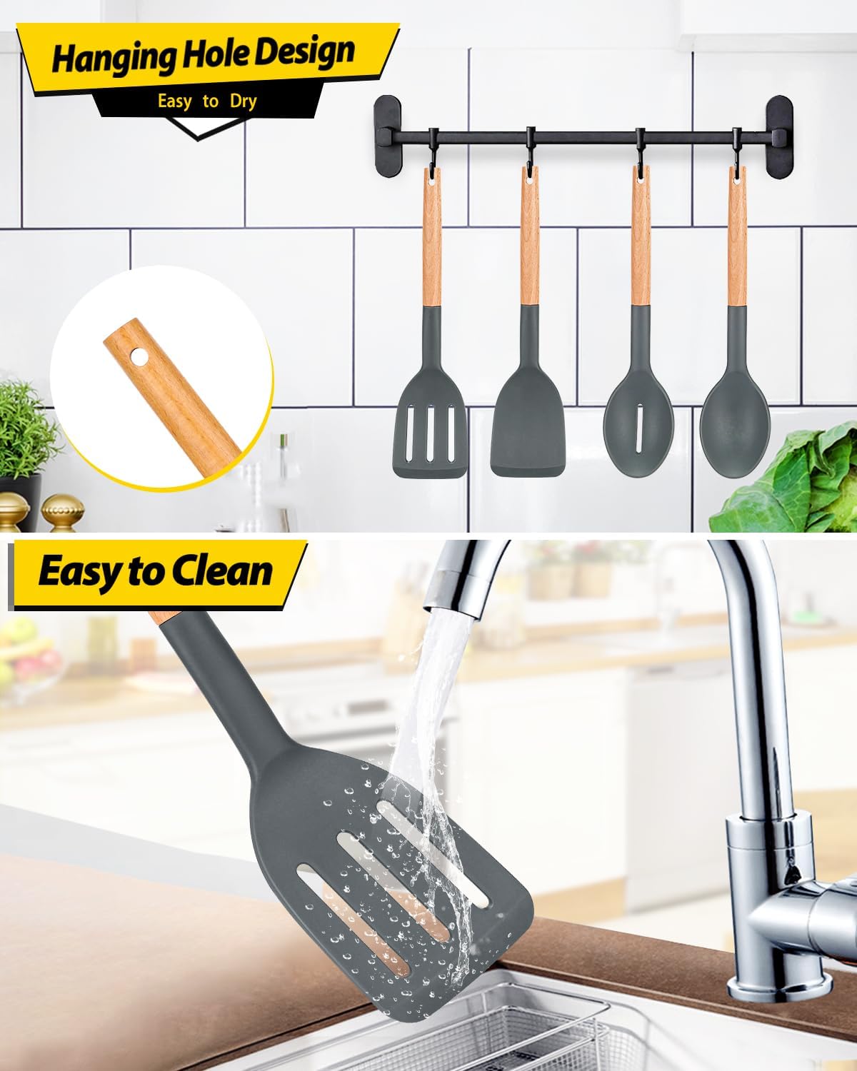 BUNDLEPRO Silicone Cooking Utensils Set, 4 Pcs Spatula and Spoon Set, Gray