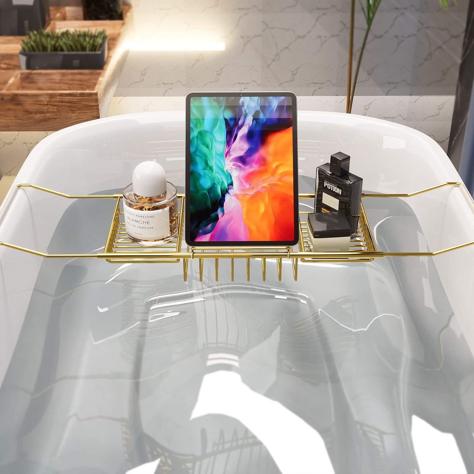 Bandeja de baño extensible ajustable, estante de bañera de relajación para spa, impermeable, se adapta a la mayoría de bañeras, ideal para velas, libros y bebidas