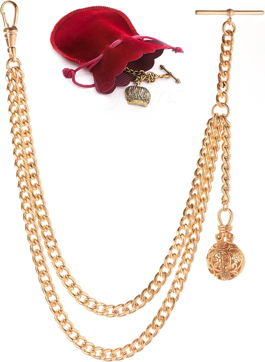 Vintage Gold-Tone Double Albert Pocket Watch Chain with Ornate Fob – 10 to 14 Inches