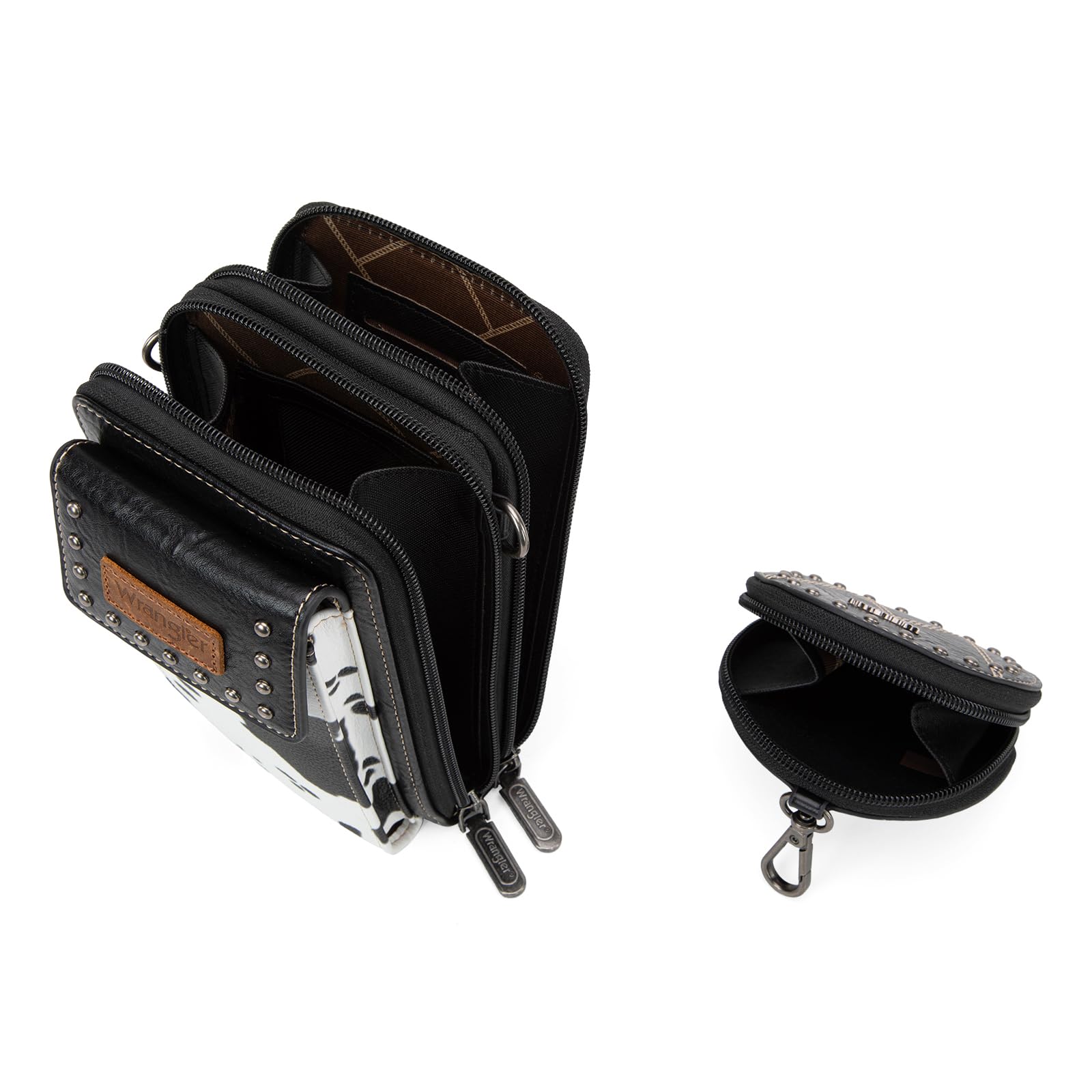 Wrangler Arzttaschen-Set für Damen, Top-Griff, Umhängetasche mit Handy-Handtaschen und Münzbörse, 3-teilig, Schwarzes Kuhmuster