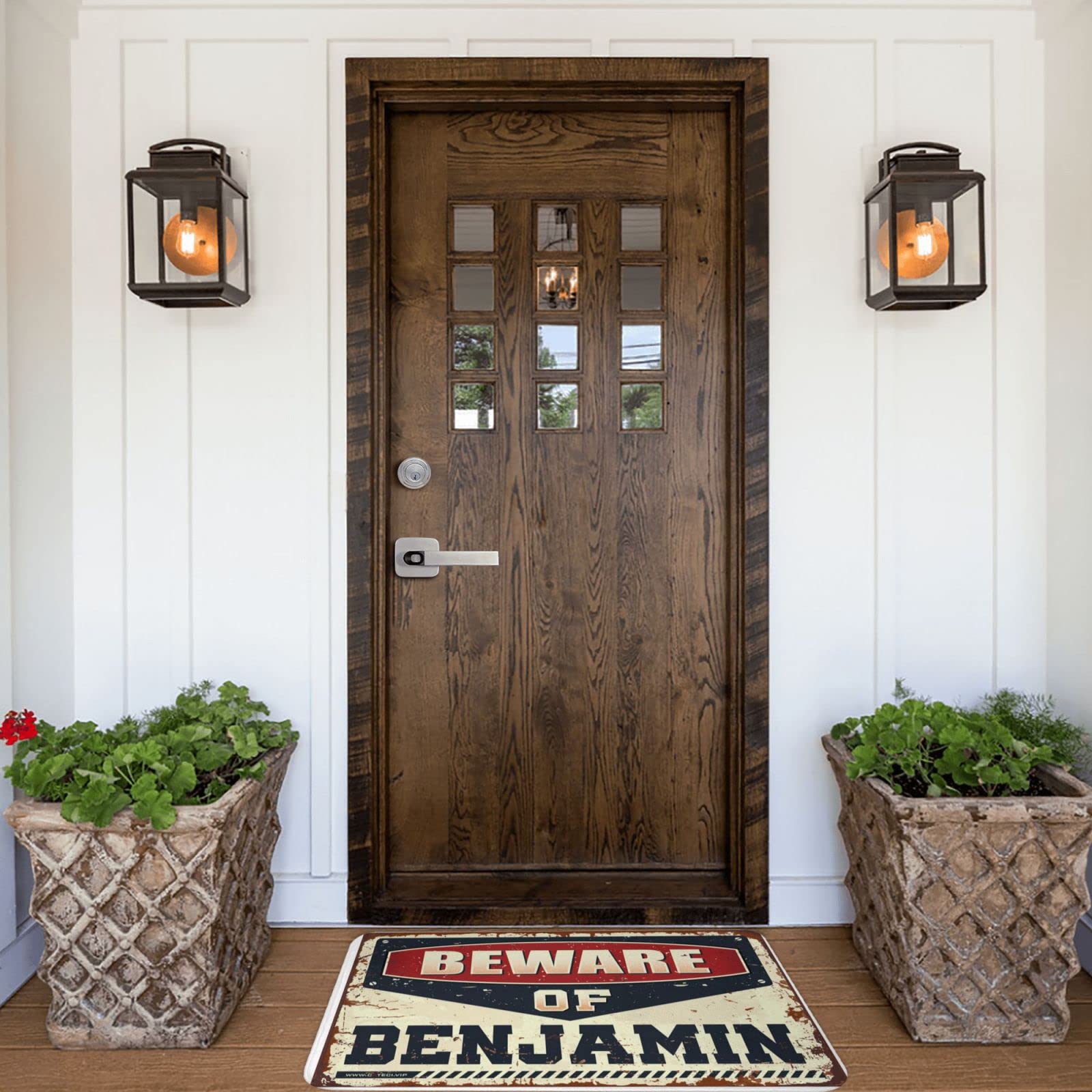 Knock Before Entering - Zerbino con scritta "Beware of Benjamin", divertente decorazione per patio, zerbino autunnale per esterni (dimensioni: 65 x 90 cm)