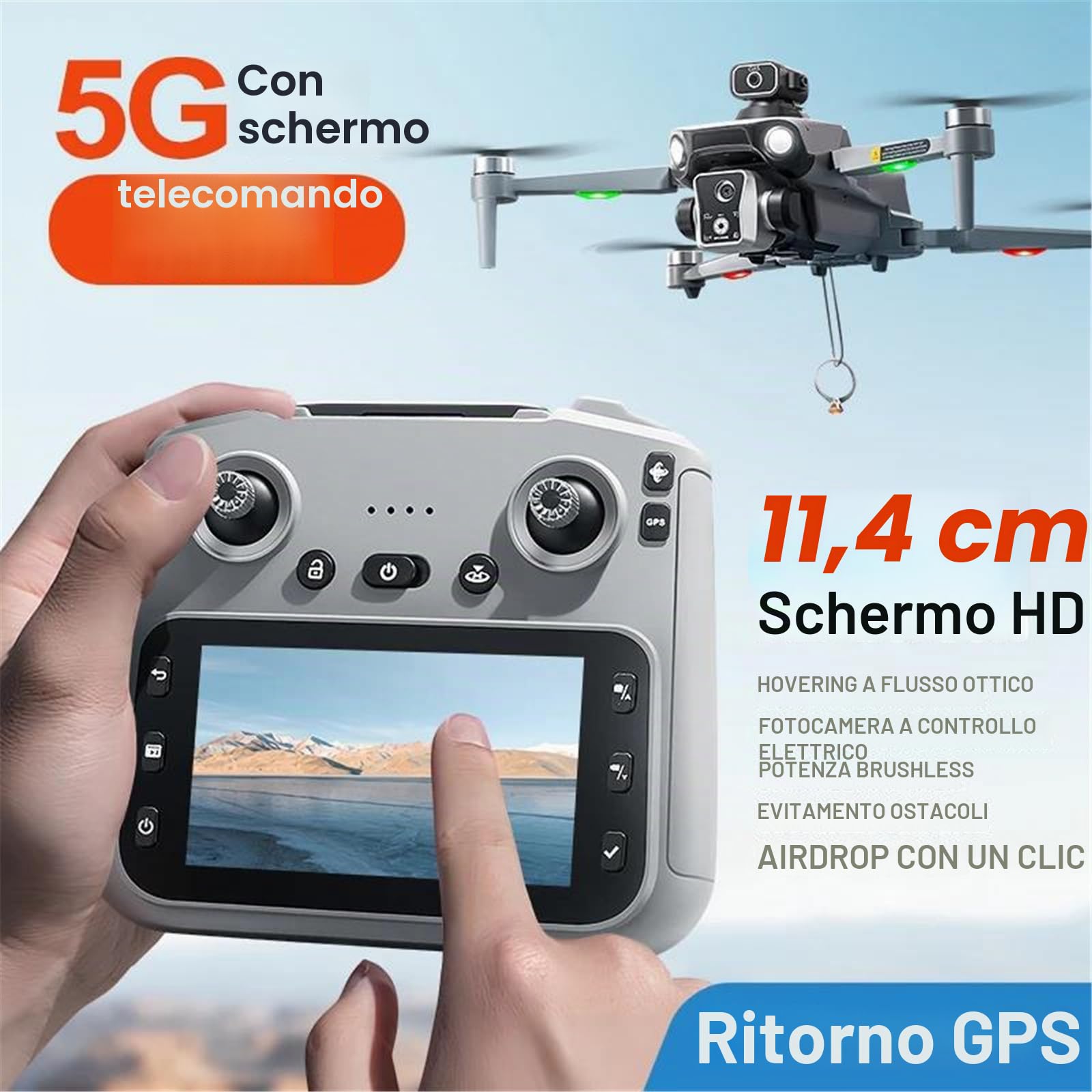 Drone k19 Max GPS Fotocamera 4k Sistema evitamento Ostacoli Laser a 360°, Trasmissione FPV 5g Motore brushless, Telecomando Schermo da 4,5" quadricottero rc Pieghevole airdrop,Dual Battery