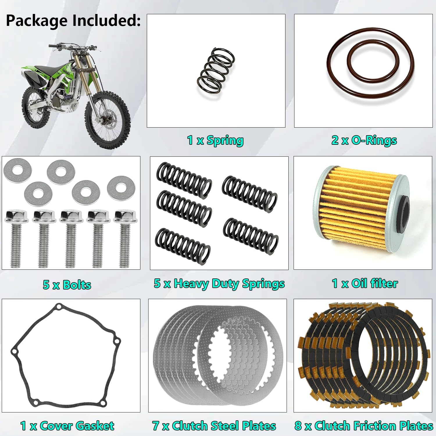 Clutch Kit Friction Steel Plates & Gasket Springs Kit & Oil Filter Compatible with 2004-2008 KX250F Replace for 13088-0018 13089-013