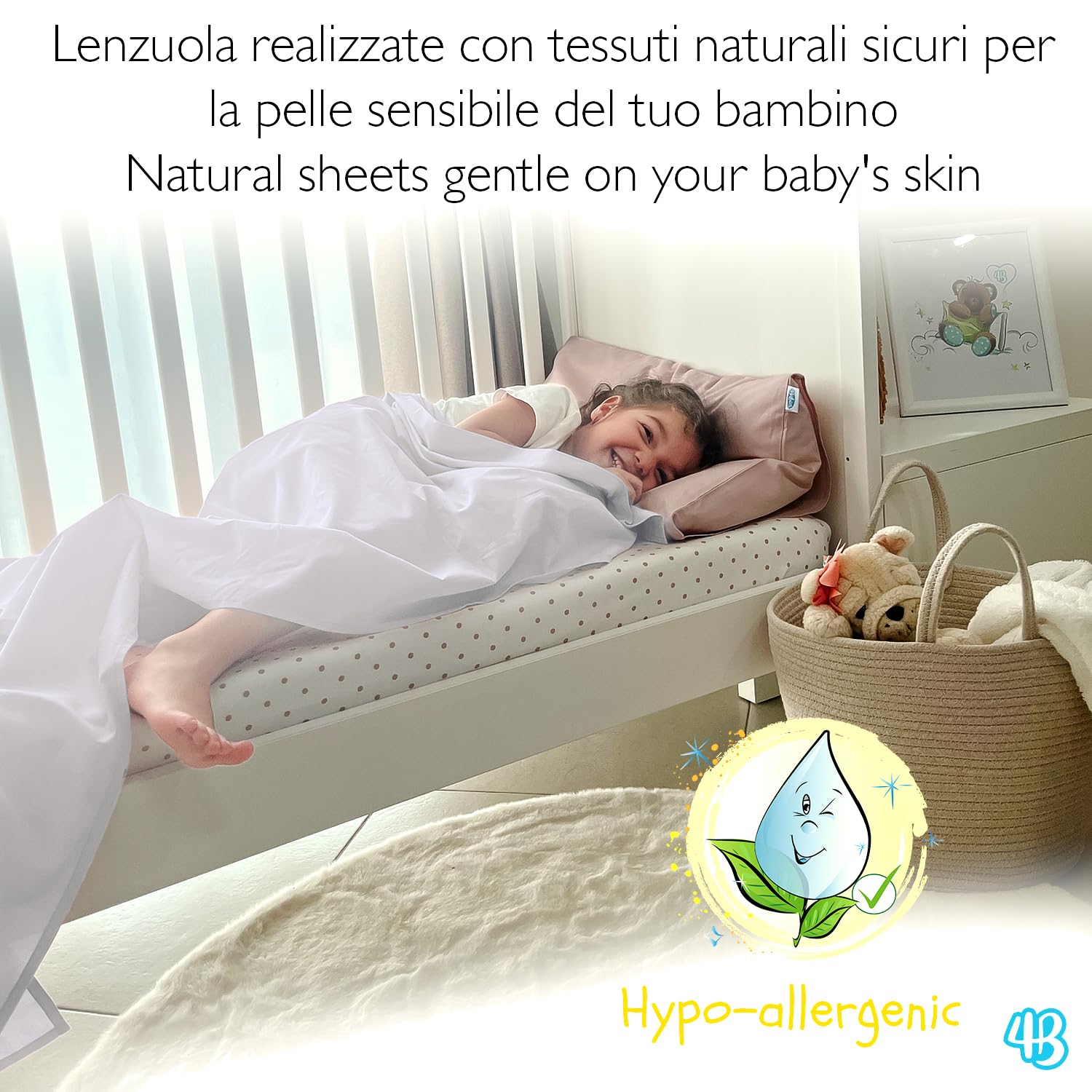 4BABIES - Lenzuolo sopra per culla - Lenzuolino lettino con sbarre - Biancheria da letto per bambini in 100% Cotone Made in Italy certificato OEKO-TEX - Bianco