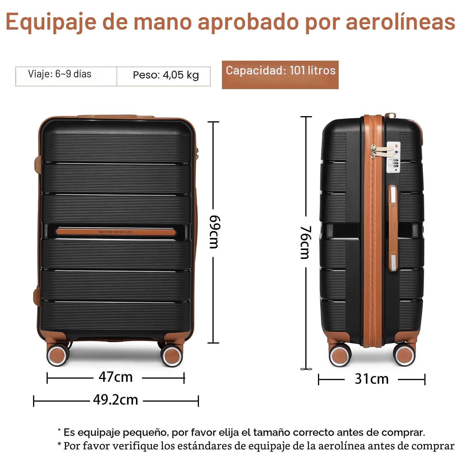 British Traveller Maleta de Viaje Grande con Material PP Maleta de Cabina Rígida Ligera con Cerradura TSA (76cm, Negro)