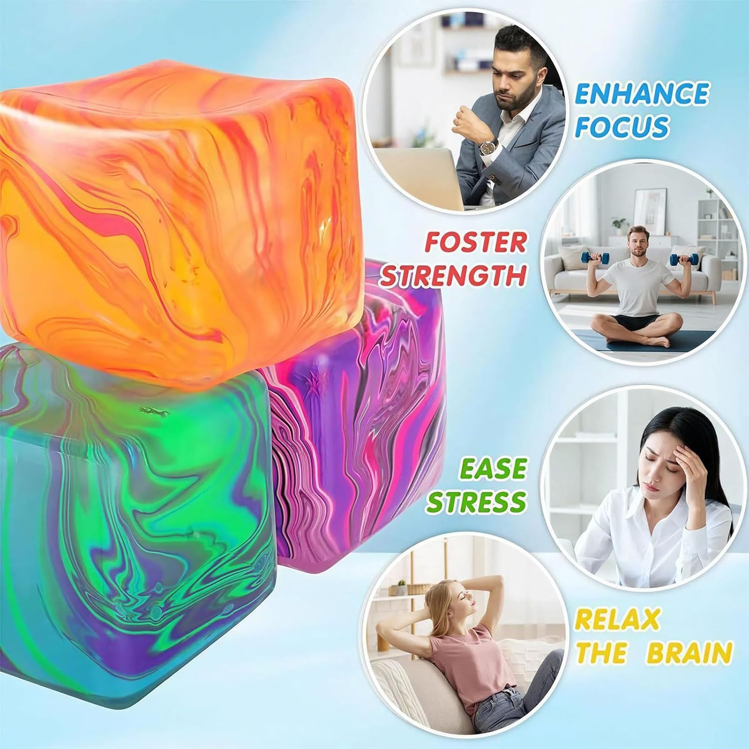 Squishy Stress Cube – Slow Rising Fidget Toys for Anxiety Relief, Squeeze Toys with Water Stripe for Adults (4 Pcs)