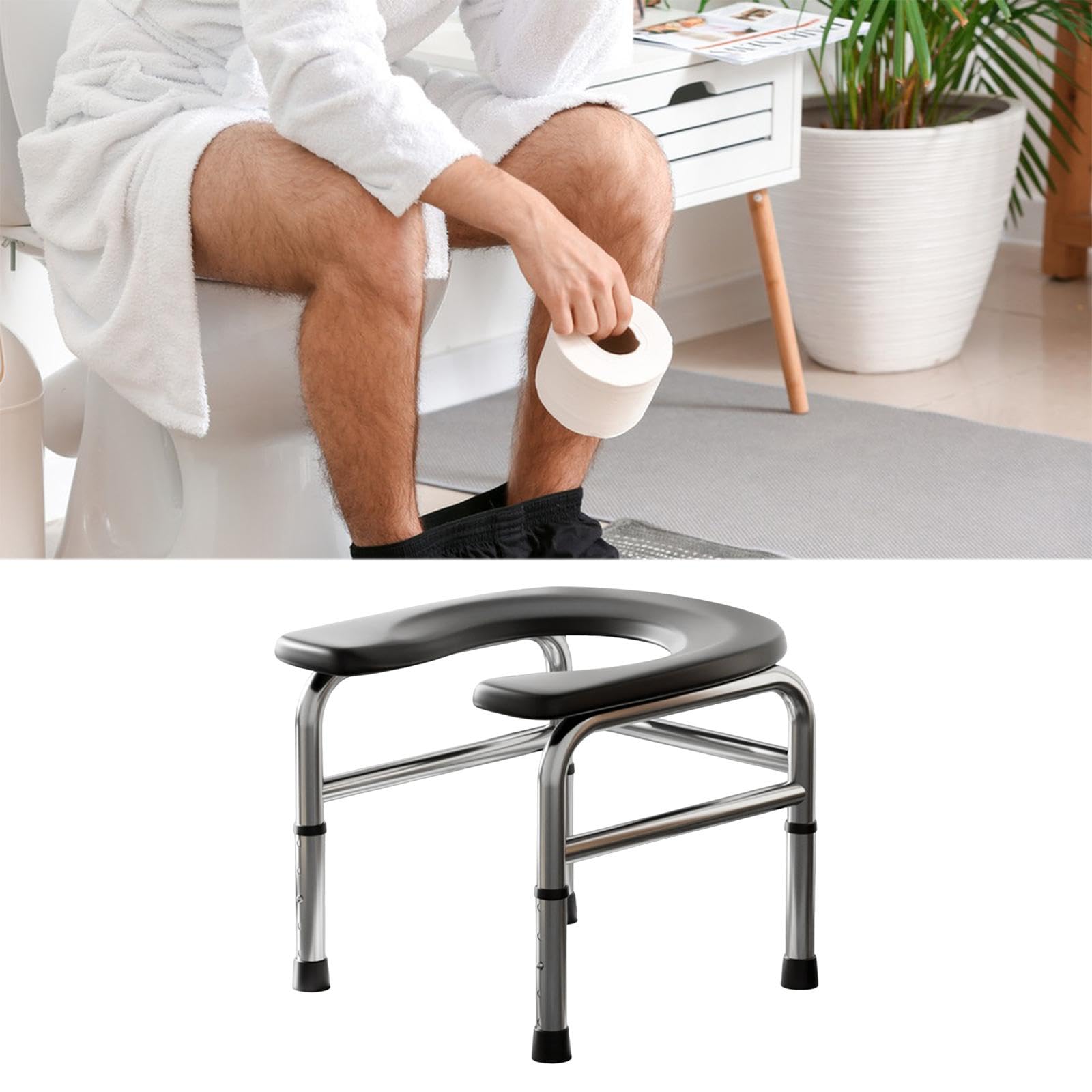 Asiento de Inodoro Elevado, Taburete con Orinal Portátil, Base Estable, Altura Ajustable para Baño, Negro