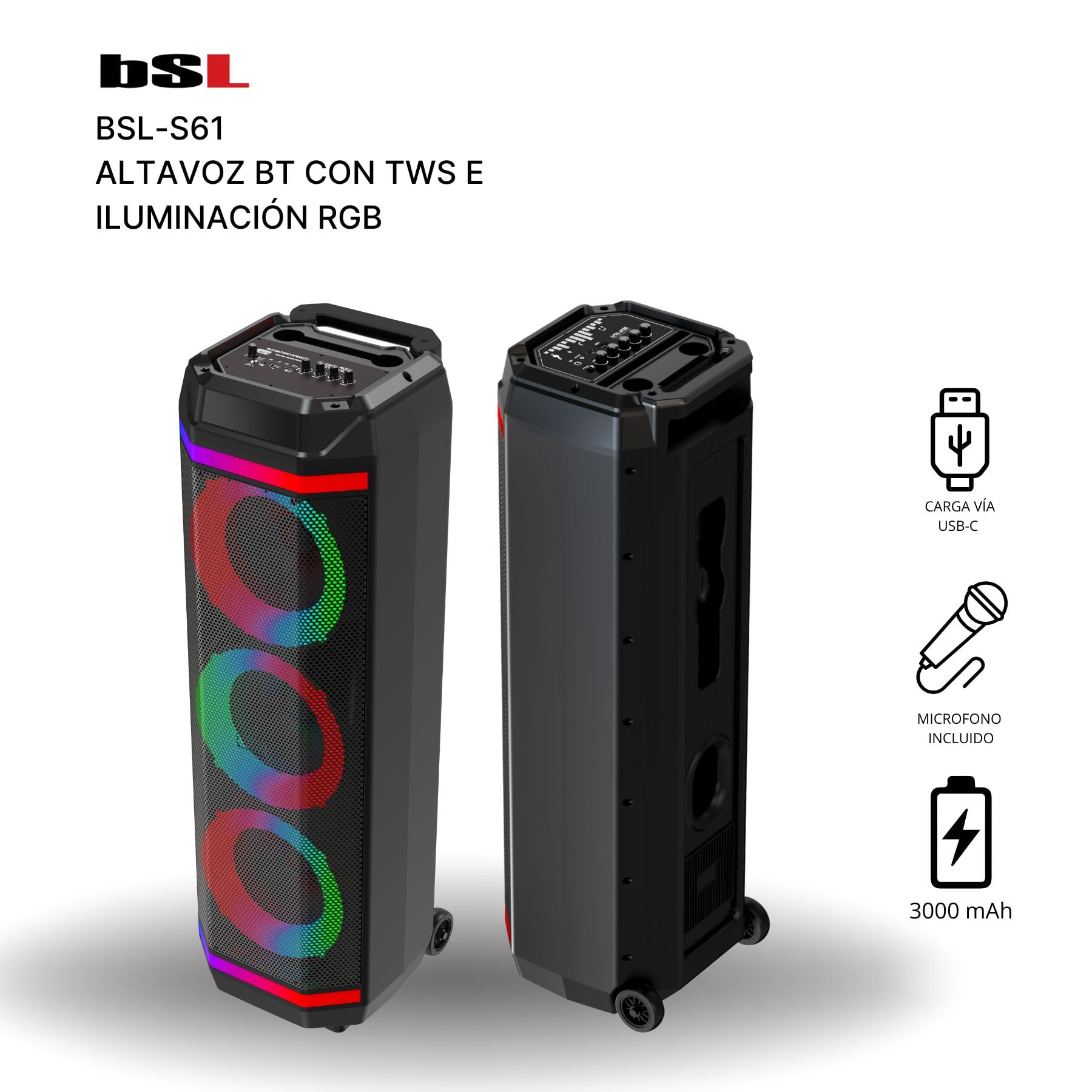 Altavoz Bluetooth BSL-S61 con iluminación en los Altavoces |3 Altavoces de 8 Pulgadas | 50W | Incluye Micrófono de Regalo | Batería de 3600 mAh | Radio FM y Reproductor MP3 vía USB | Carga USB-C