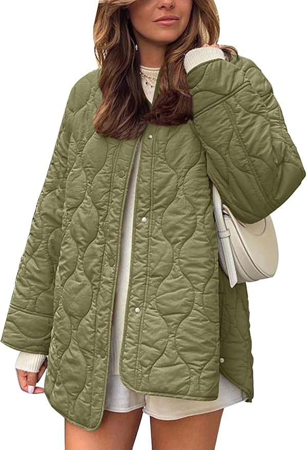 Flygo Women's Oversized Quilted Lightweight Jacket Button Down Puffer Padded Outerwear with Pocket