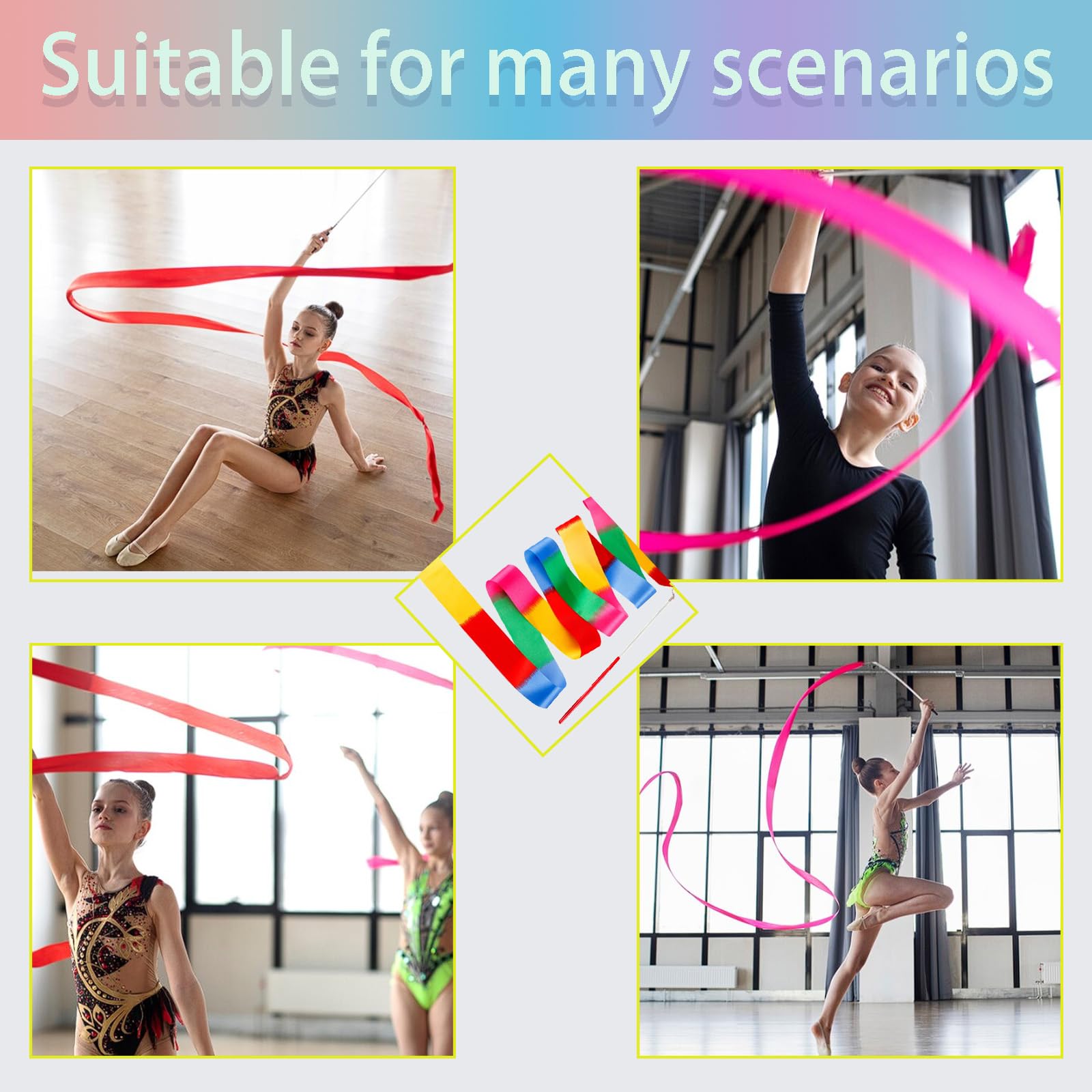Nastro Ginnastica Ritmica, Nastri da Ballo, 10 Pezzi Nastri di Ballo 2M Bacchette per Bambini per Balli Artistici Danza Baton Twirling, per Ginnastica Ritmica Sportiva, Circo, Competizioni