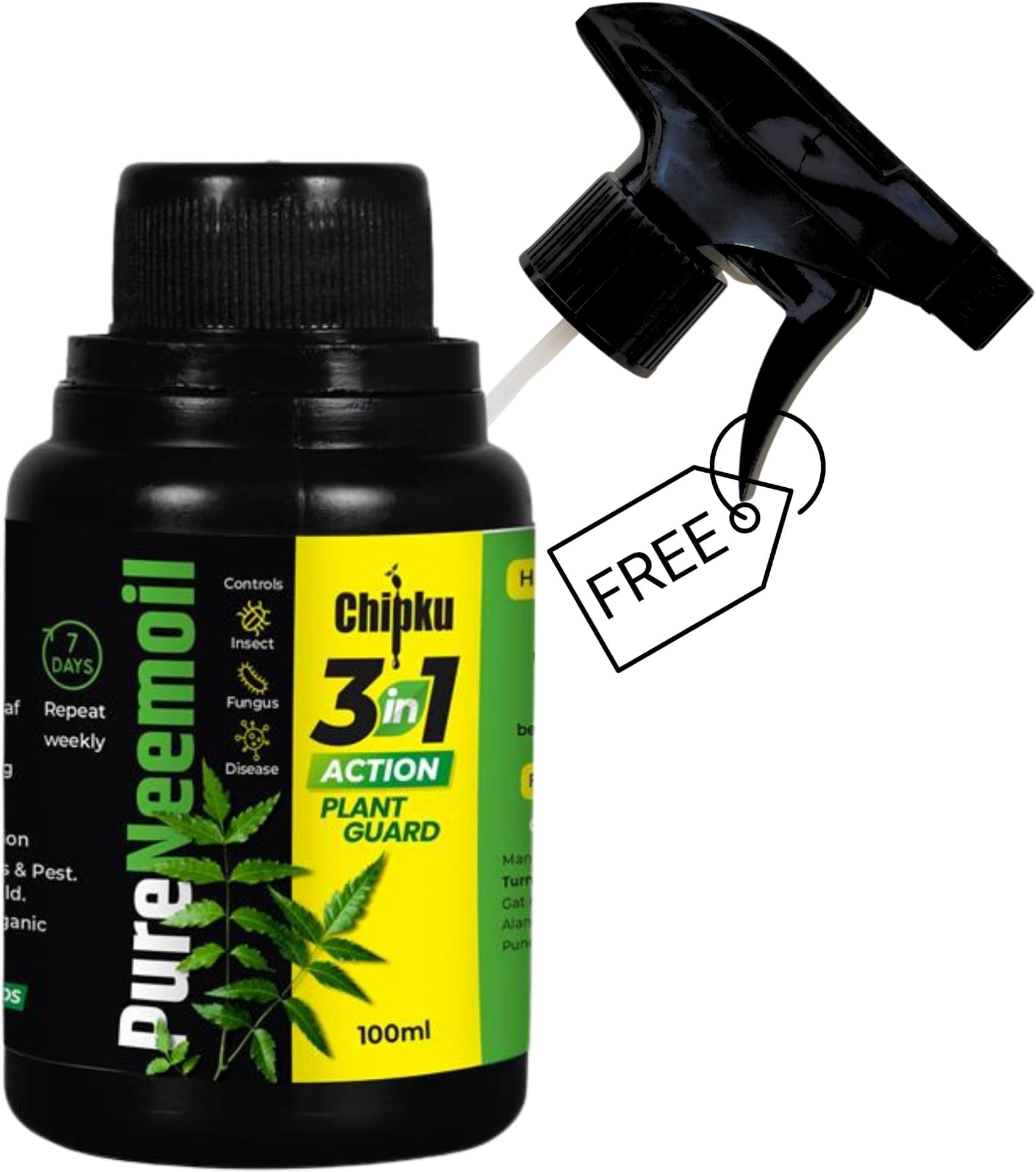 Chipku Pure Cold Pressed Water Soluble Neem Oil 100ml | Free Spray Gun, Concentrate for Plants & Garden, Indoor and Outdoor, Removes Aphids Fungus Thriphs Mildew
