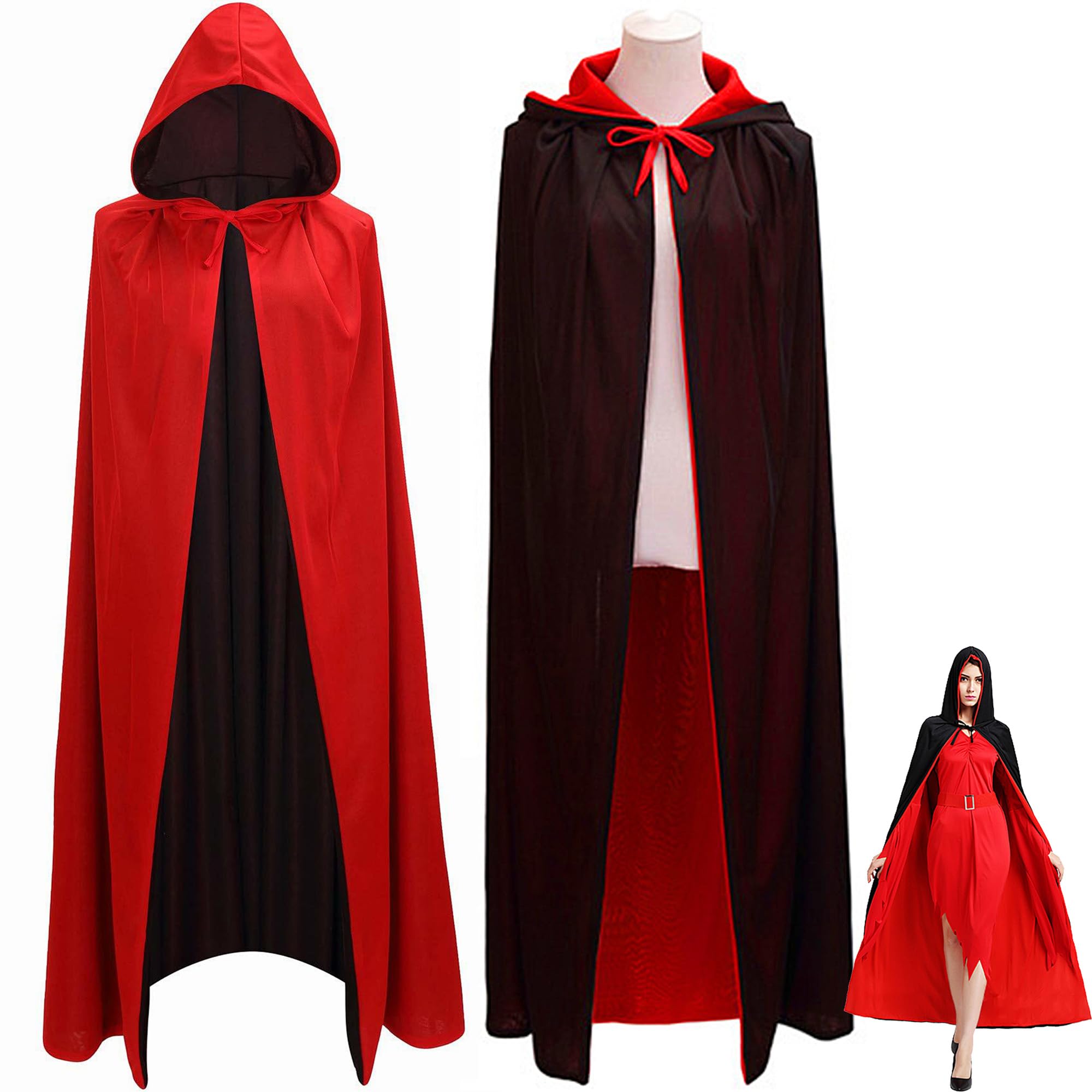 Mezeic Halloween Costume, Hooded Vampire Cape for Adult Men Women, Reversible Black Red Cloak Cape Masquerade Cosplay Witch Costume