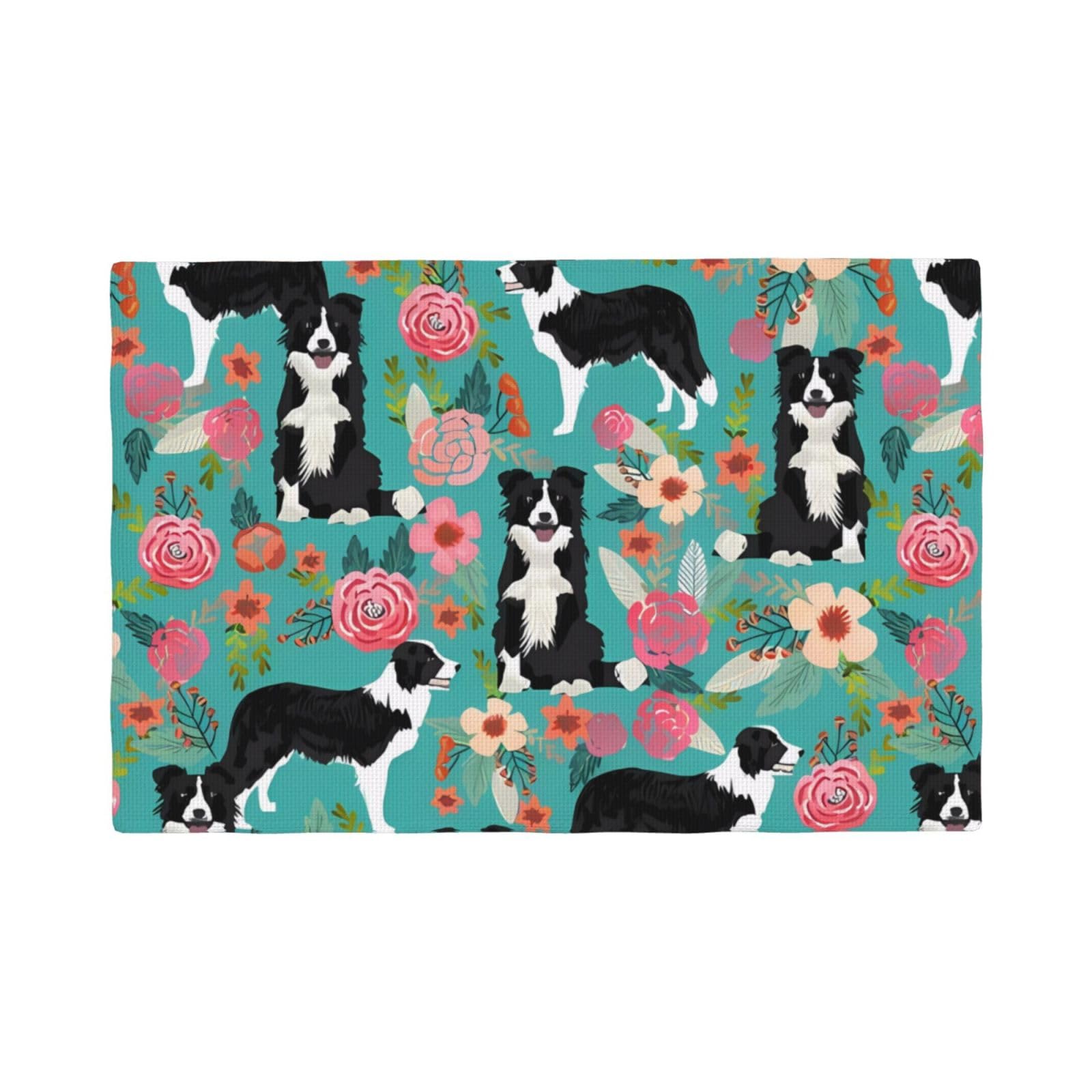 4PCS Linen Placemats Set Border Collie Florals Place Mat for Dining Table 12x18 Inch Heat Resistant Place Mats Non-Slip Table Mats for Kitchen Weddings Party Decor Indoor/Outdoor