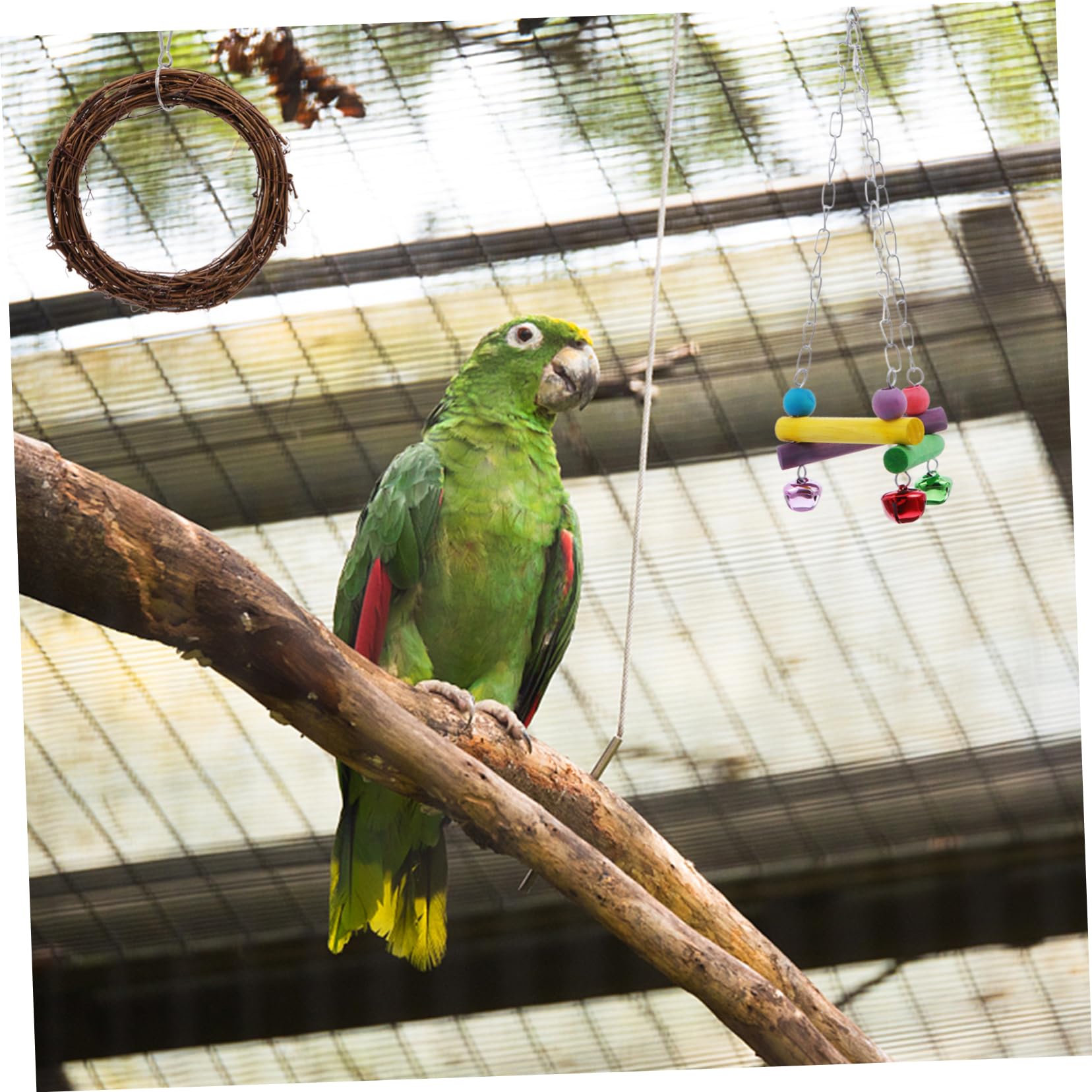 Juguete de Columpio para Pájaros, Set 5 Piezas de Madera | Rebabas, Decoración para Hogar, Apto para Aves y Fringílidos, Puente Multicolor Colgante