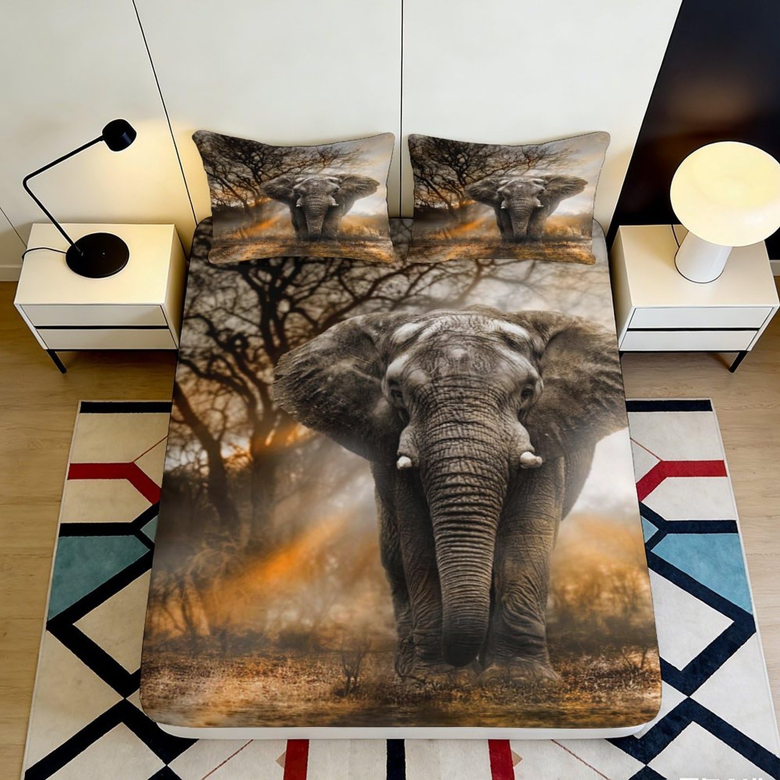 3D Printed Elephant Forest Fitted Sheet Microfiber Soft Decor Safari Bed Cover for Bedroom Guest Room Mattress Protection 90x200x25cm