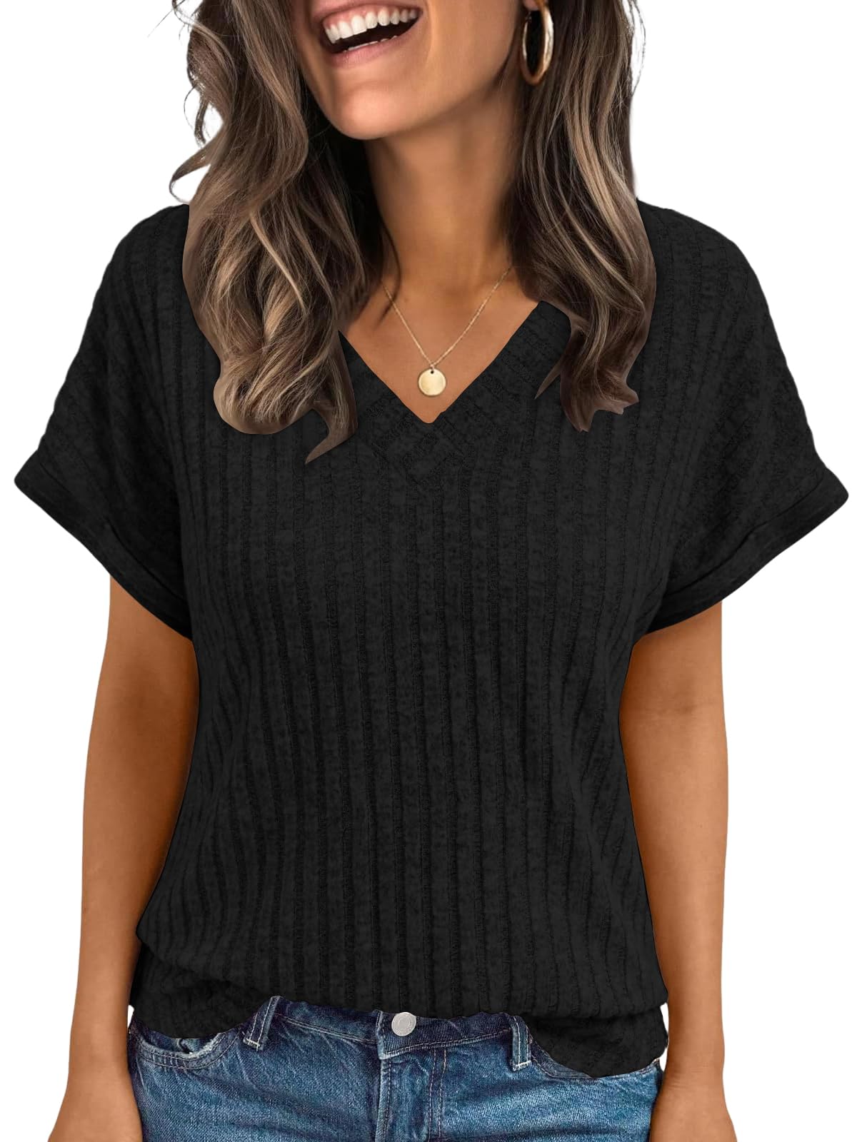 Cuptacc Oberteile Damen Elegant Kurzarm Tshirt V Ausschnitt Sommer Leicht | Casual,Luftige,Bequem,Basic,Einfarbig,Mode,Locker,Glockenärmel,Büro,Reise