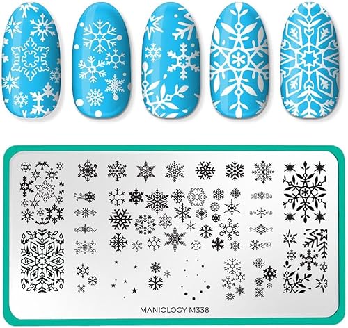 Maniology Placa de estampado de uñas para el día de nieve, diseños de uñas con temática de invierno, manicura de copos de nieve