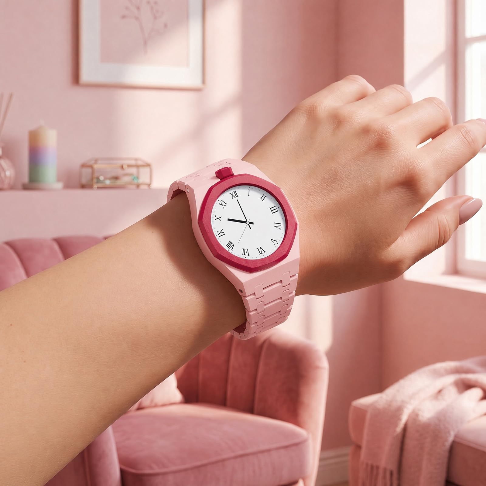 HTU Set di cinturini con cassa in ceramica, passa al di braccialetti in biomateriali per orologi da uomo e da donna, accessori di ricambio per il tuo orologio-Rosa