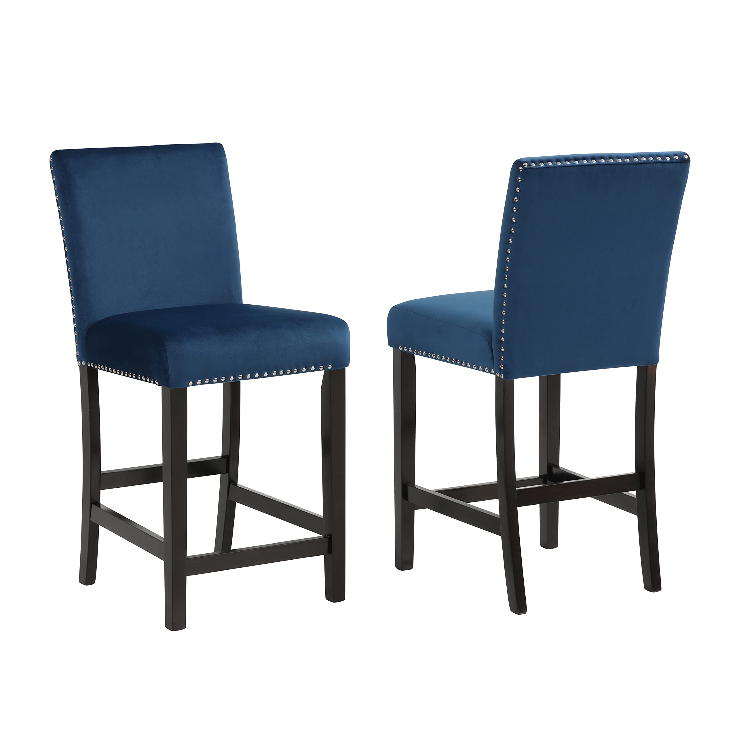 Roundhill Furniture Cobre Contemporary Velvet Counter Stools with Nailhead Trim, Set of 2, Blue