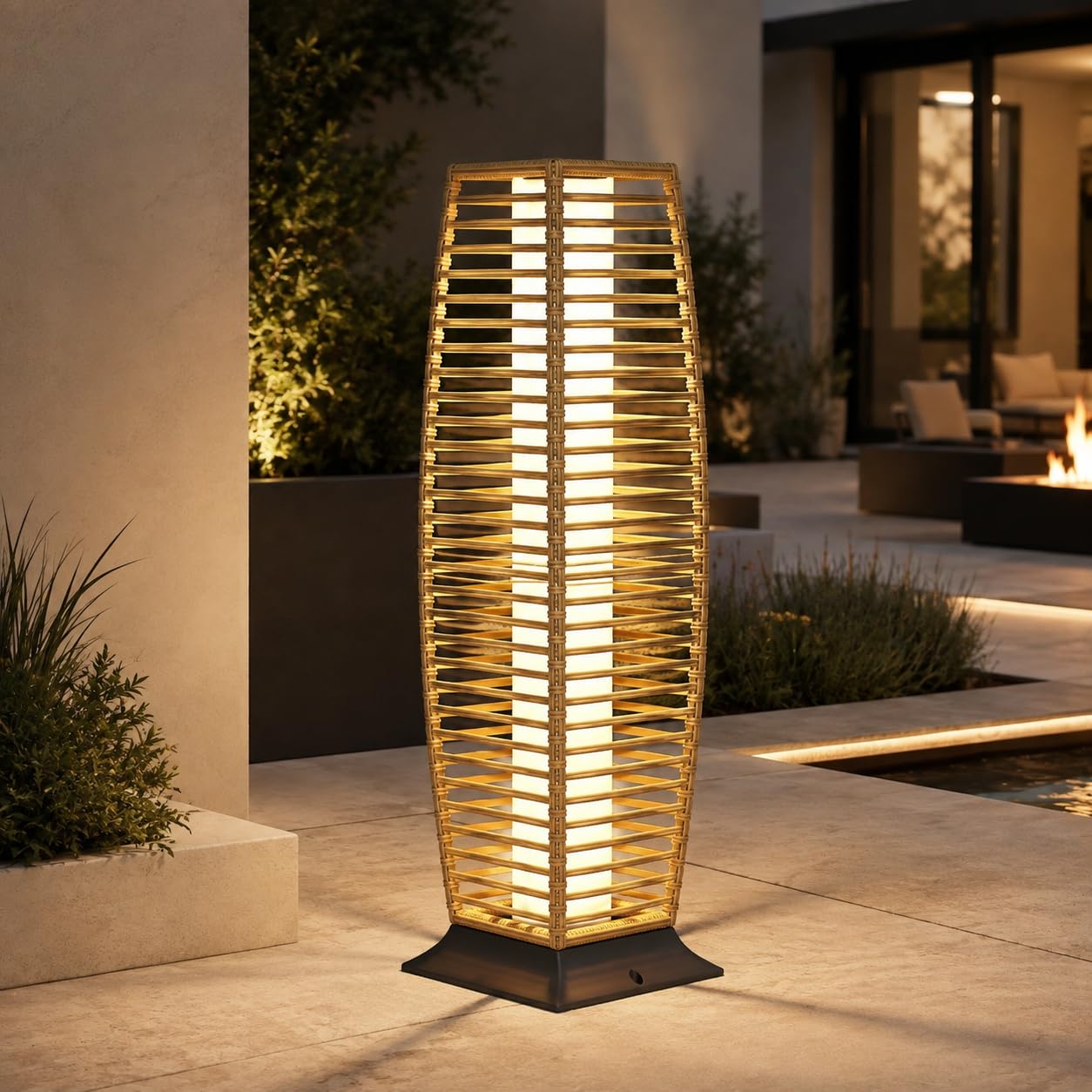 Grand patio Outdoor Floor Lamp Solar Lantern, Water-Resistant Natural Wicker Boho Patio Light with 50/100 Lumens Dual Brightness &amp; Memory Mode for Garden Porch Deck Decor, Large Crossover Natural