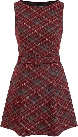 CIDER Women's Plaid Mini Dress Sleeveless Fit Flare A-Line Belted Dress