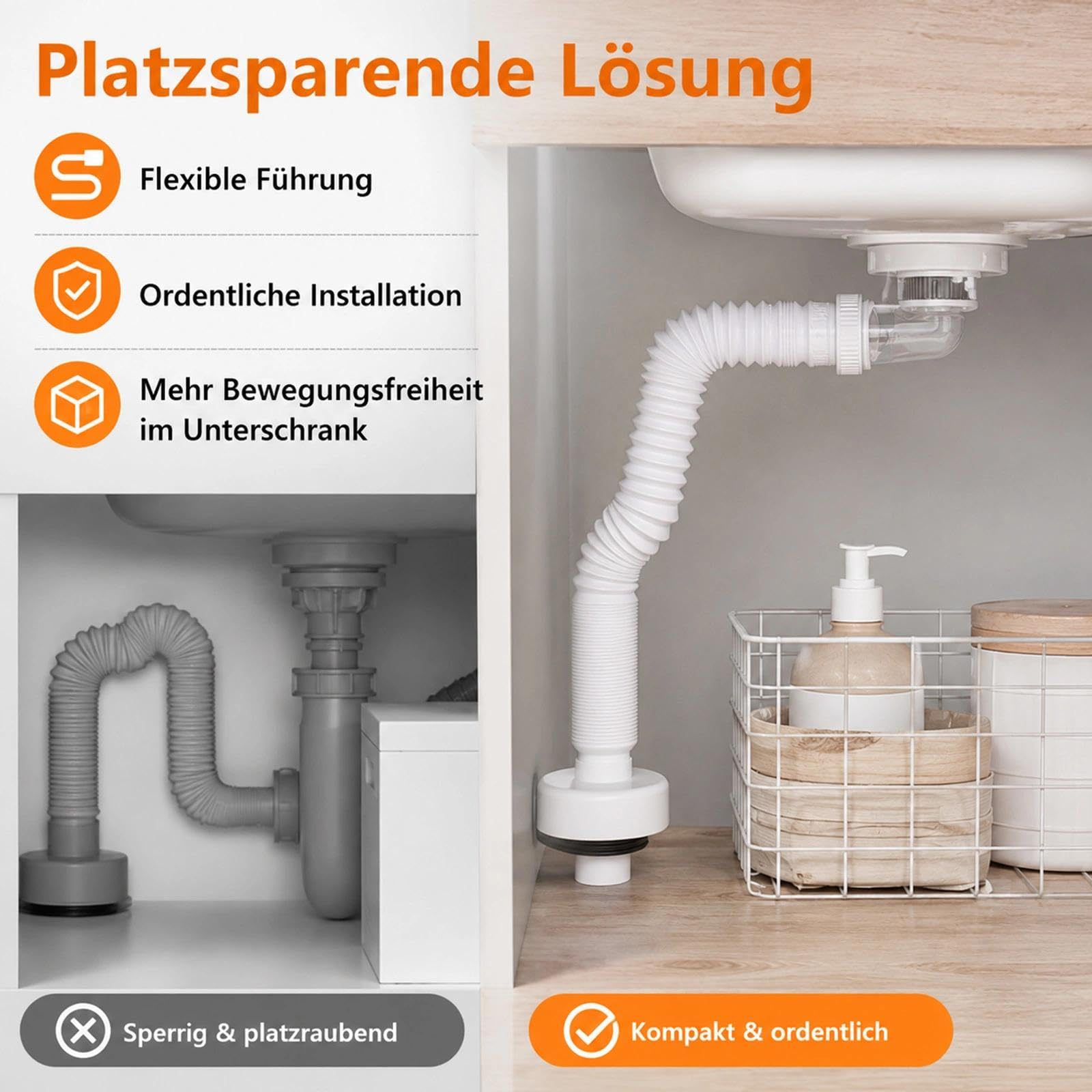Sifón de ahorro de espacio, sifón de ahorro de espacio de 1/4 pulgadas, sifón flexible para baño, 360° más flexible y extensible, para fregadero de cocina, lavadora, baño