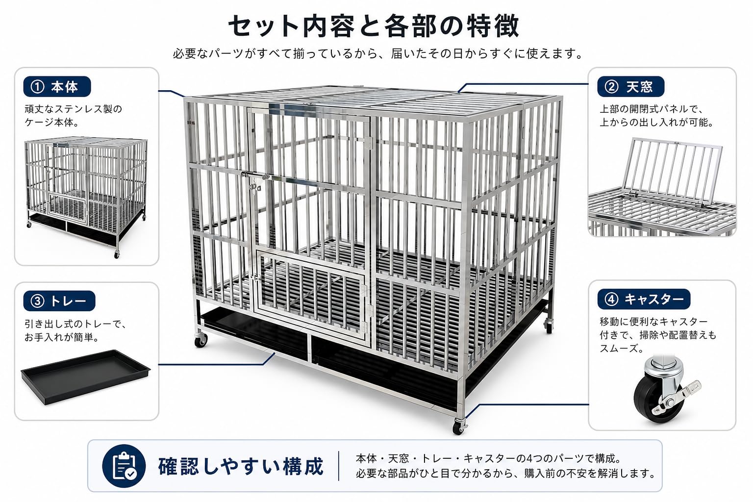 Amazon.co.jp: ステンレス製 大型犬用ケージ キャスター付き 頑丈な