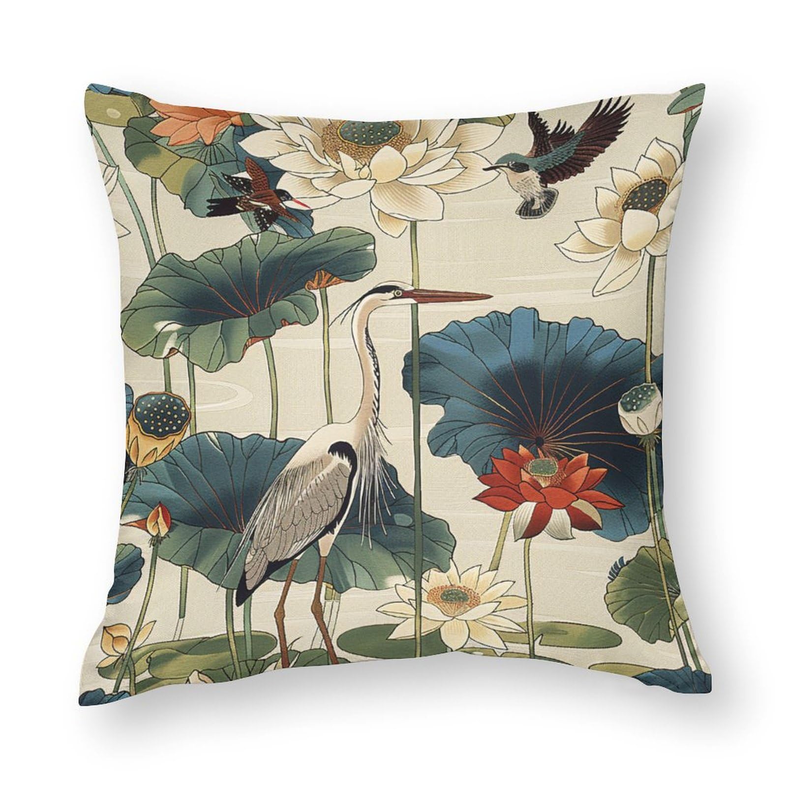 Plujam Birds and Lotus Flowers Pillow Cases Home Throw Pillow Sham 22 Inches Asian Inspired Eurosham Pillowcase Modern Decor for Bed Sofa Outdoor