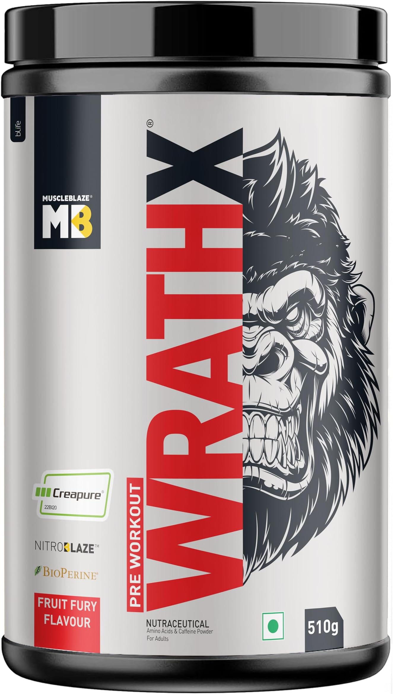 MuscleBlaze Pre Workout WrathX with Creapure Powder, Nitroblaze & BioPerine (Fruit Fury, 510g, 30 Servings)