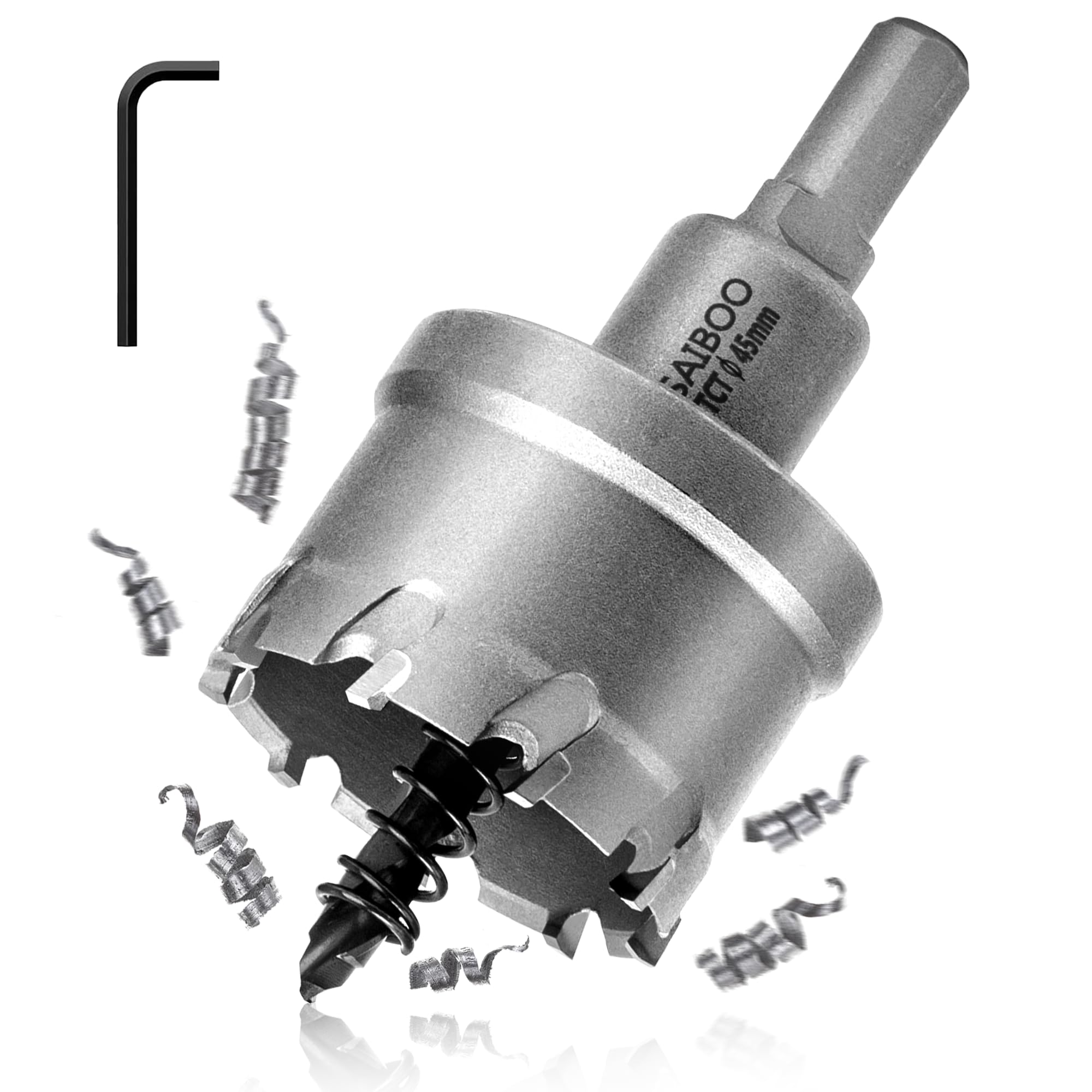 45mm Broca Cortadora de Agujeros de Metal, Cortador Orificio con Punta de T.C.T Carburo de Tungsteno con Taladro Piloto para Acero Inoxidable, Acero Dulce, Aleación de Aluminio, Cobre, Hierro